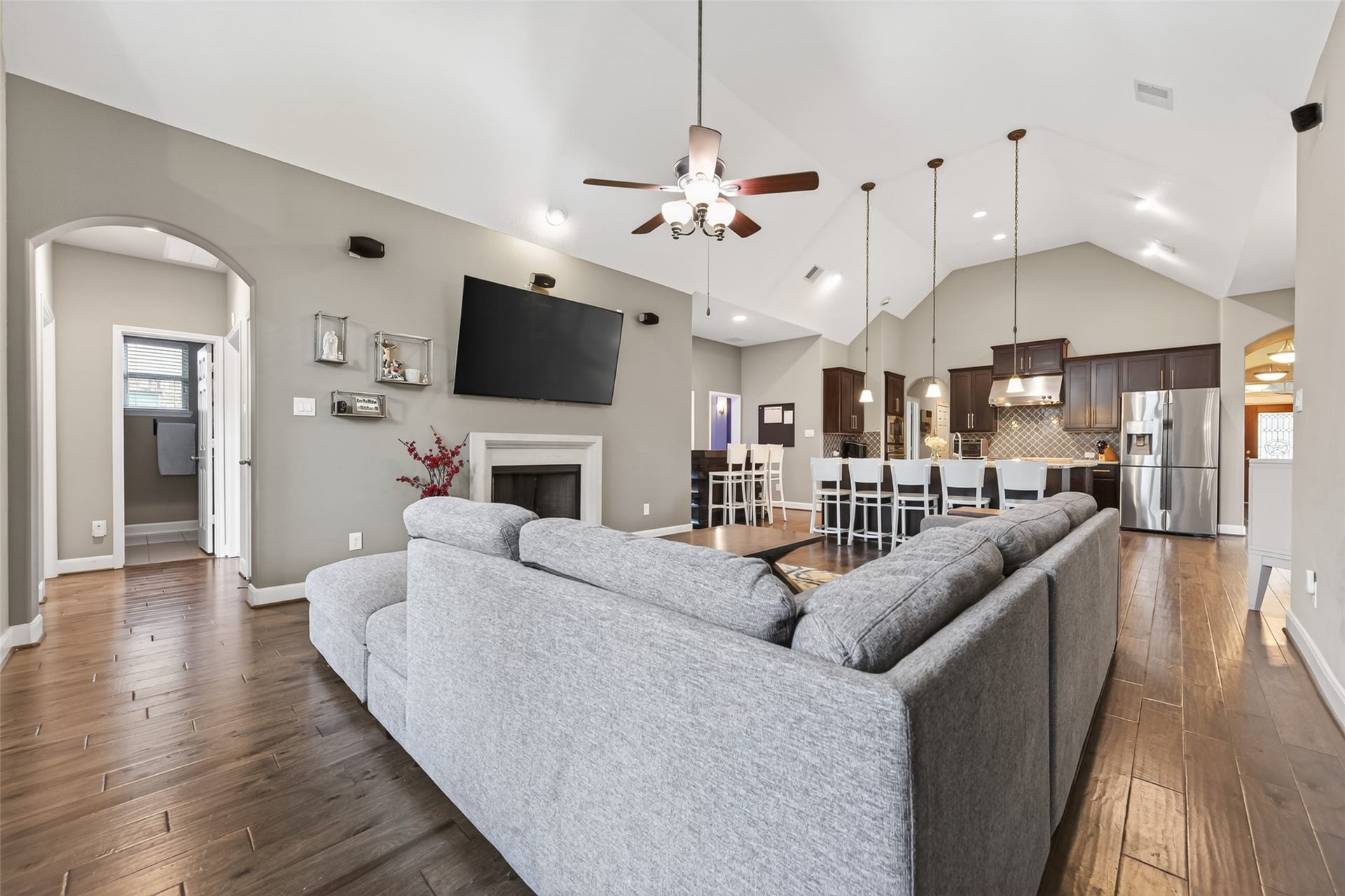 19610 Pecos Bend Court, Cypress, TX 77433 Great place to unwind in front of the gas log fireplace, TV, and surround sound with pre-wired speakers.
