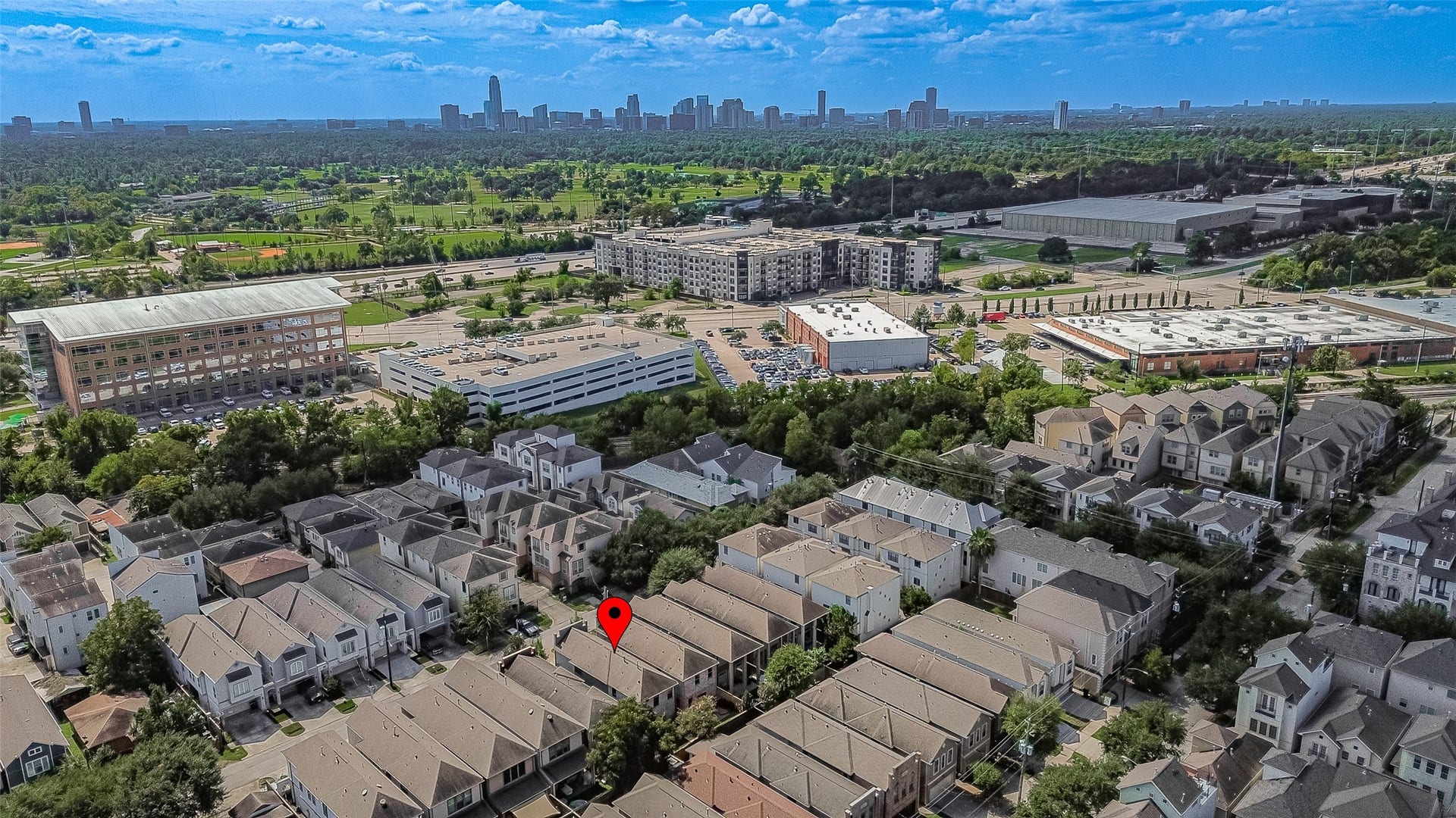 5930 Kiam Street, Houston, TX 77007 Arial showing close proximity to Memorial Park, with The Galleria in the distance.