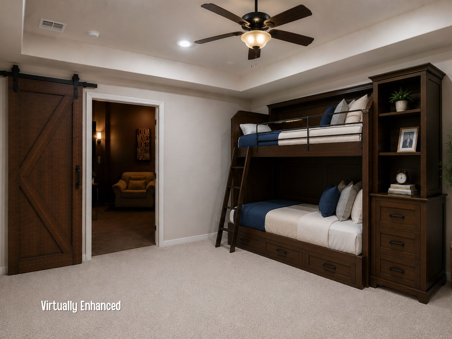 Bunkbeds virtually staged in the gameroom space add even more sleeping options.
