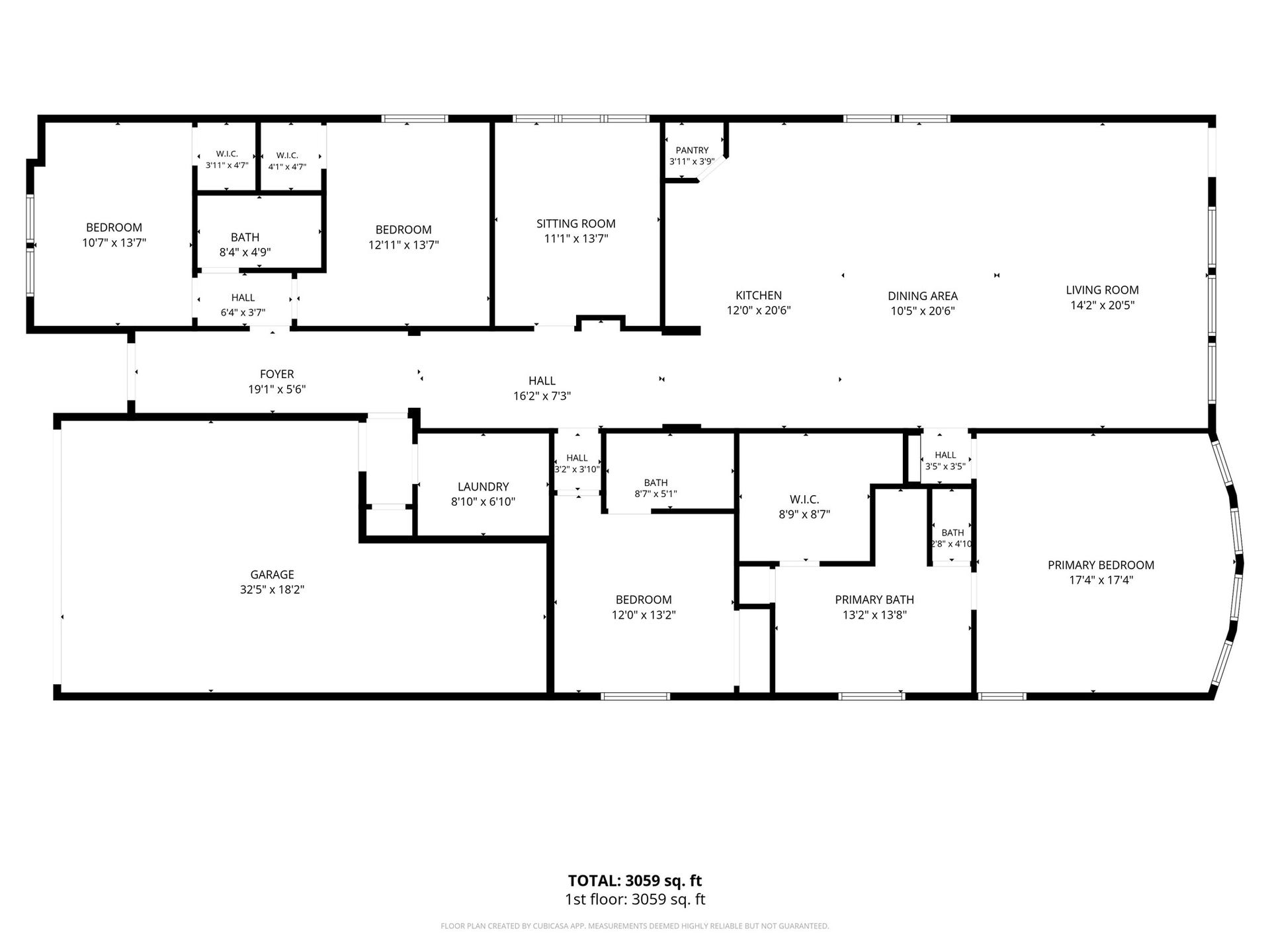 Single-story layout with foyer, sitting room, open kitchen, dining and living, primary suite, three secondary bedrooms, laundry and garage.