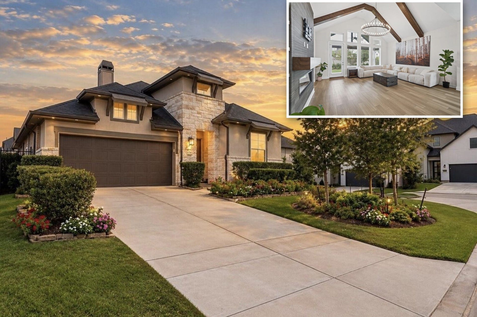 Twilight front exterior with an inset of the living room's vaulted, beamed ceiling (virtually enhanced/staged).