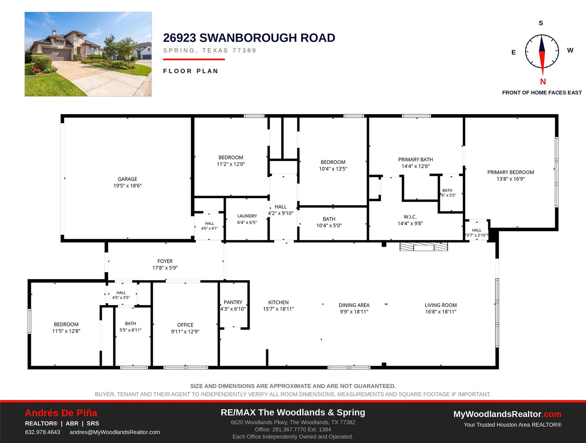 Complete floor plan of this four-bedroom, three-bath single story, showing the open island kitchen, dining and living areas, the private primary suite, the study and the two-car garage.