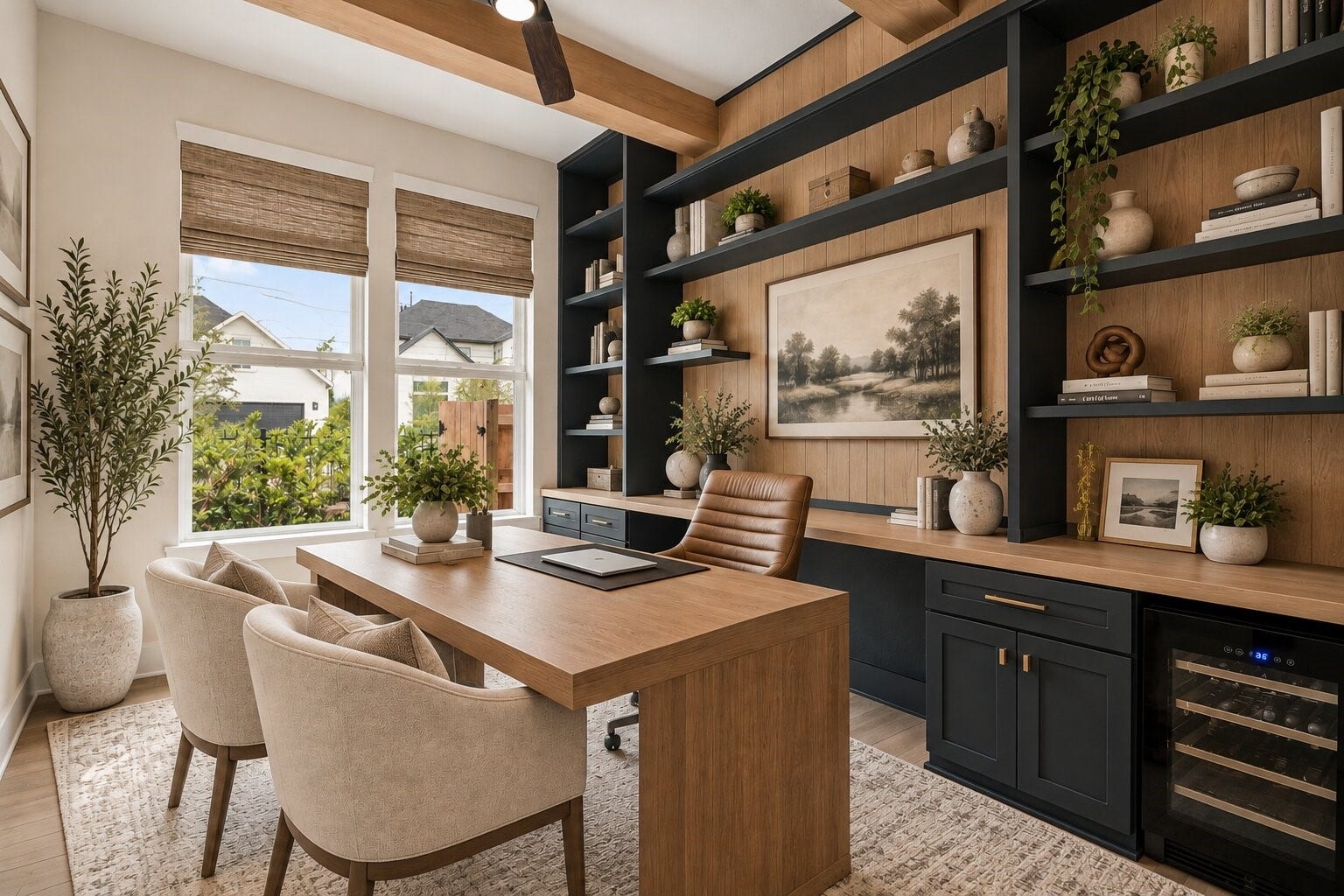 Dedicated study just off the entry, fitted with custom built-in shelving, cabinetry and a long work surface - a quiet, light-filled space for working from home or managing the household.