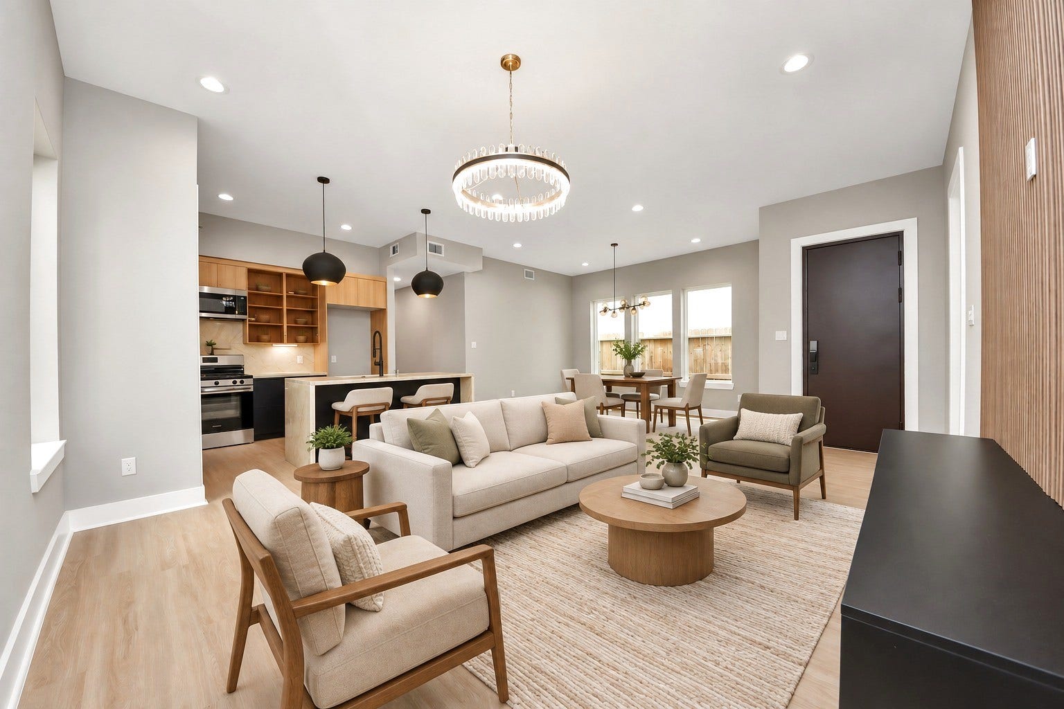 Unit Ds open living and dining space demonstrates an easy flow from the kitchen to the entertaining areas. With the side entrance.
