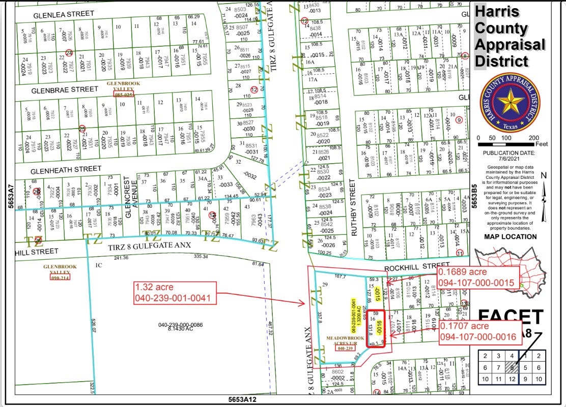 0 Anacortes Street, Houston, TX 77061 HCAD parcel map identifying Lot 16 in Meadowbrook Freeway subdivision.