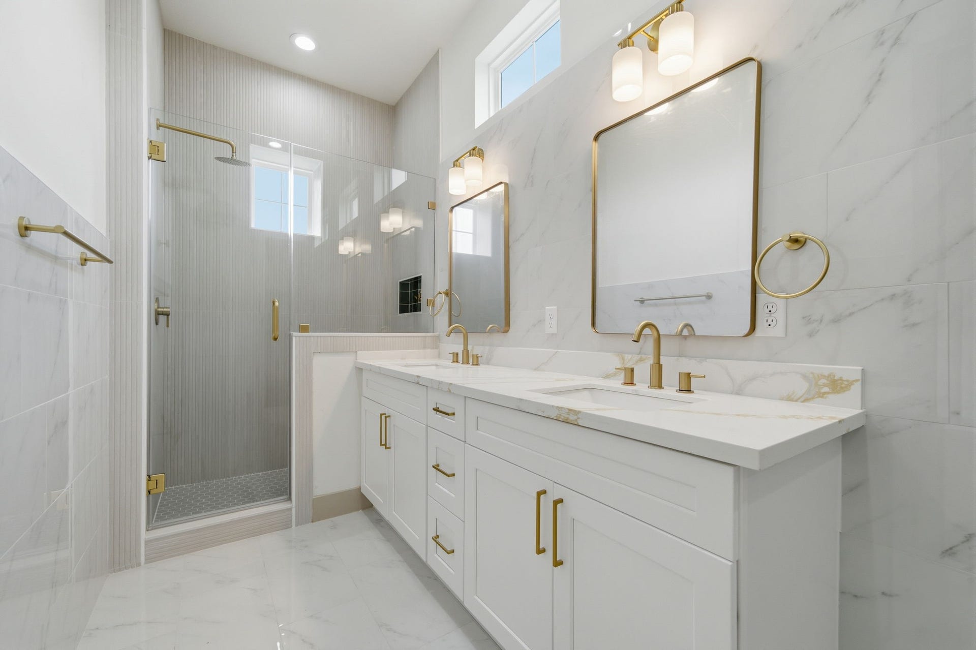 1116 Weiss Street, Houston, TX 77009 Good sized stand-up shower. Double sinks. Quartz counters continue in here. Windows up top for natural light!