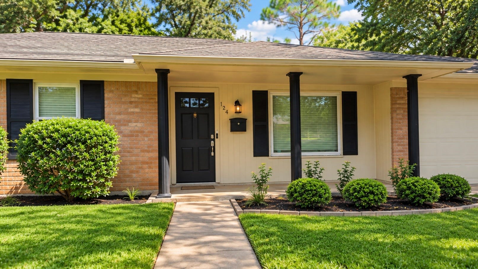 124 Dogwood Street, Sugar Land, TX 77478 Charming curb appeal with manicured landscaping and a welcoming front door framed by elegant black columns invites you to explore further.