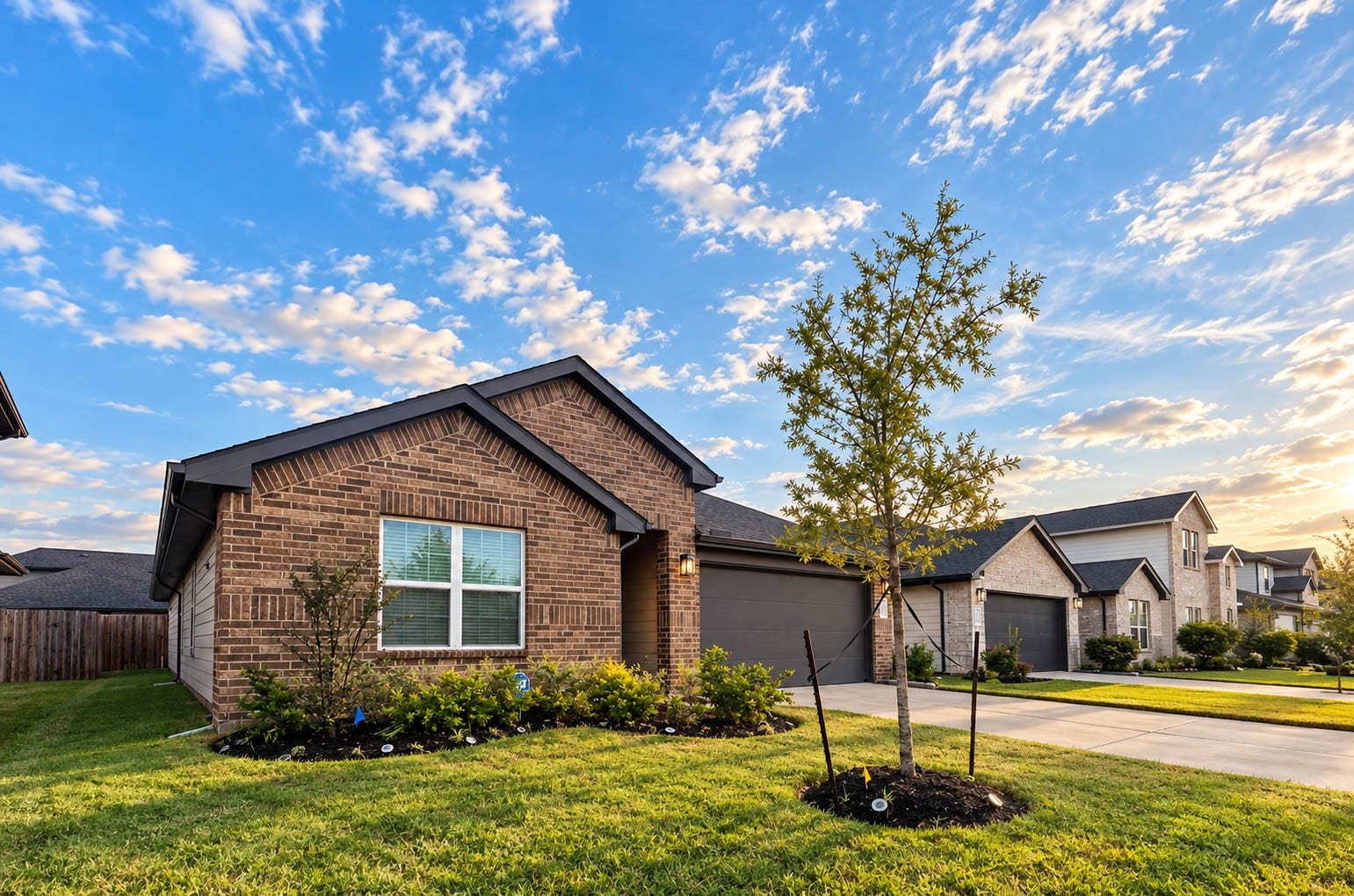 30502 White Cliff Court, Fulshear, TX 77441 Charming single-story brick home with a well-manicured lawn, set on a quiet suburban street under a picturesque sky.