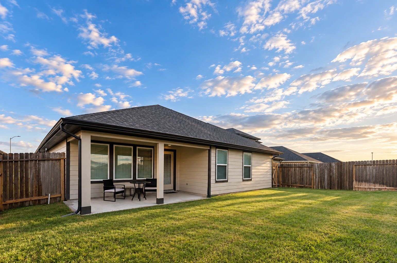 30502 White Cliff Court, Fulshear, TX 77441 Charming backyard with a spacious covered patio, perfect for outdoor relaxation and entertaining, surrounded by a privacy fence.