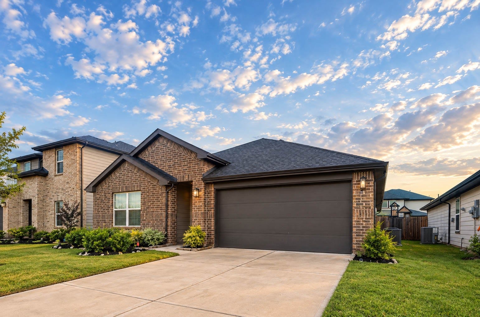 30502 White Cliff Court, Fulshear, TX 77441 Charming brick home with a modern dark garage door, well-maintained front lawn, and a spacious driveway, set against a picturesque sky.