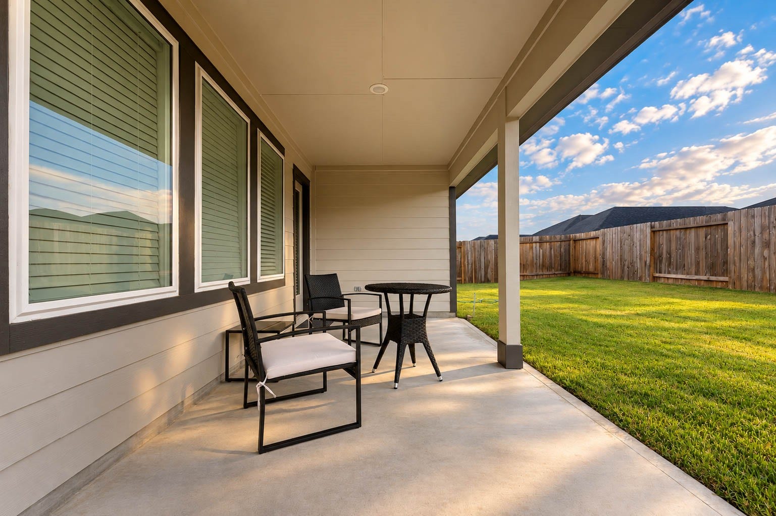 30502 White Cliff Court, Fulshear, TX 77441 Charming covered patio overlooking a spacious, fenced backyard, perfect for outdoor relaxation and entertainment.