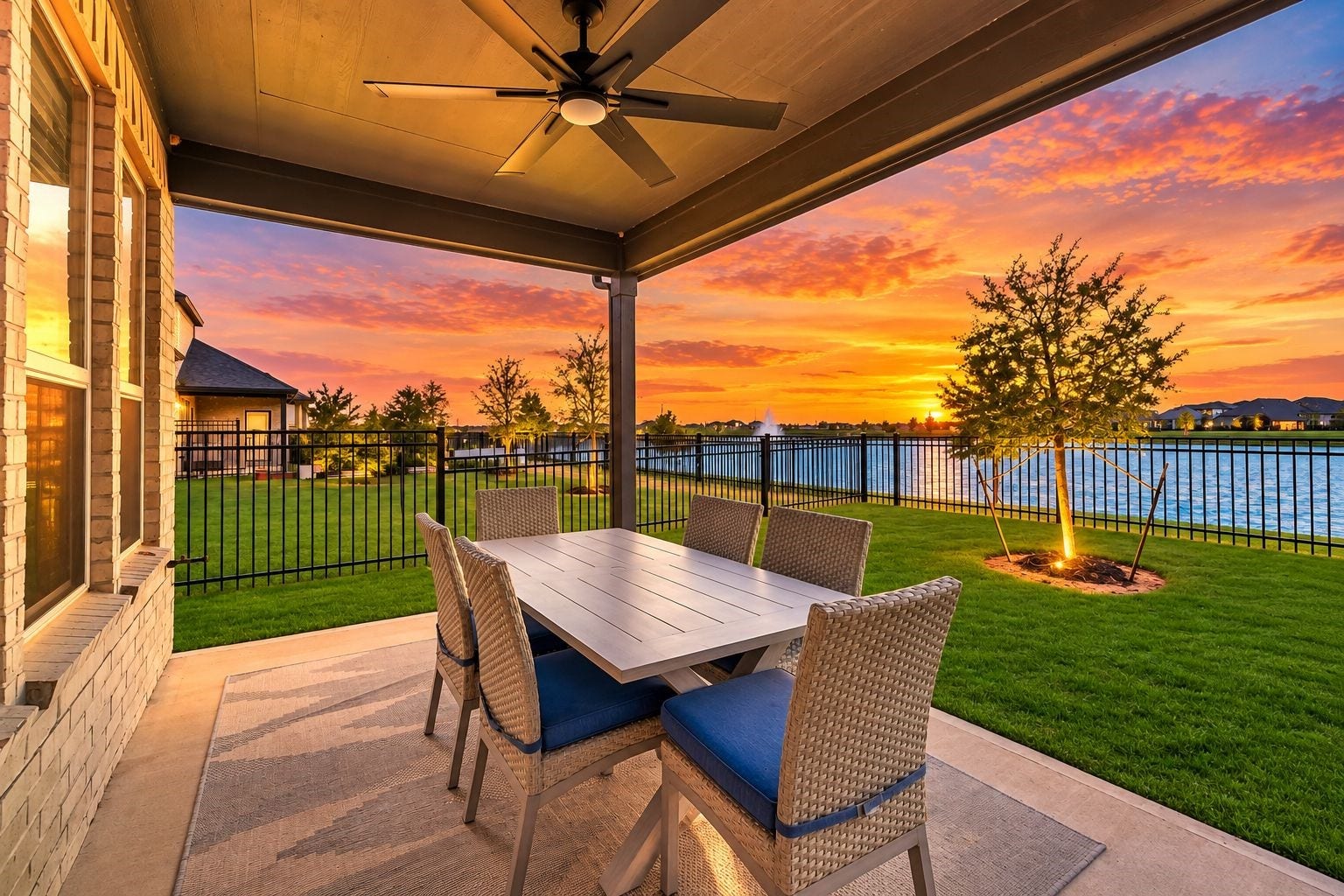 This is what waterfront living is all about. Unwind under the covered patio as the sun sets over the lake, entertain outdoors, or simply enjoy the peaceful water views from your own backyard. Photo enhanced to showcase the sunset setting.