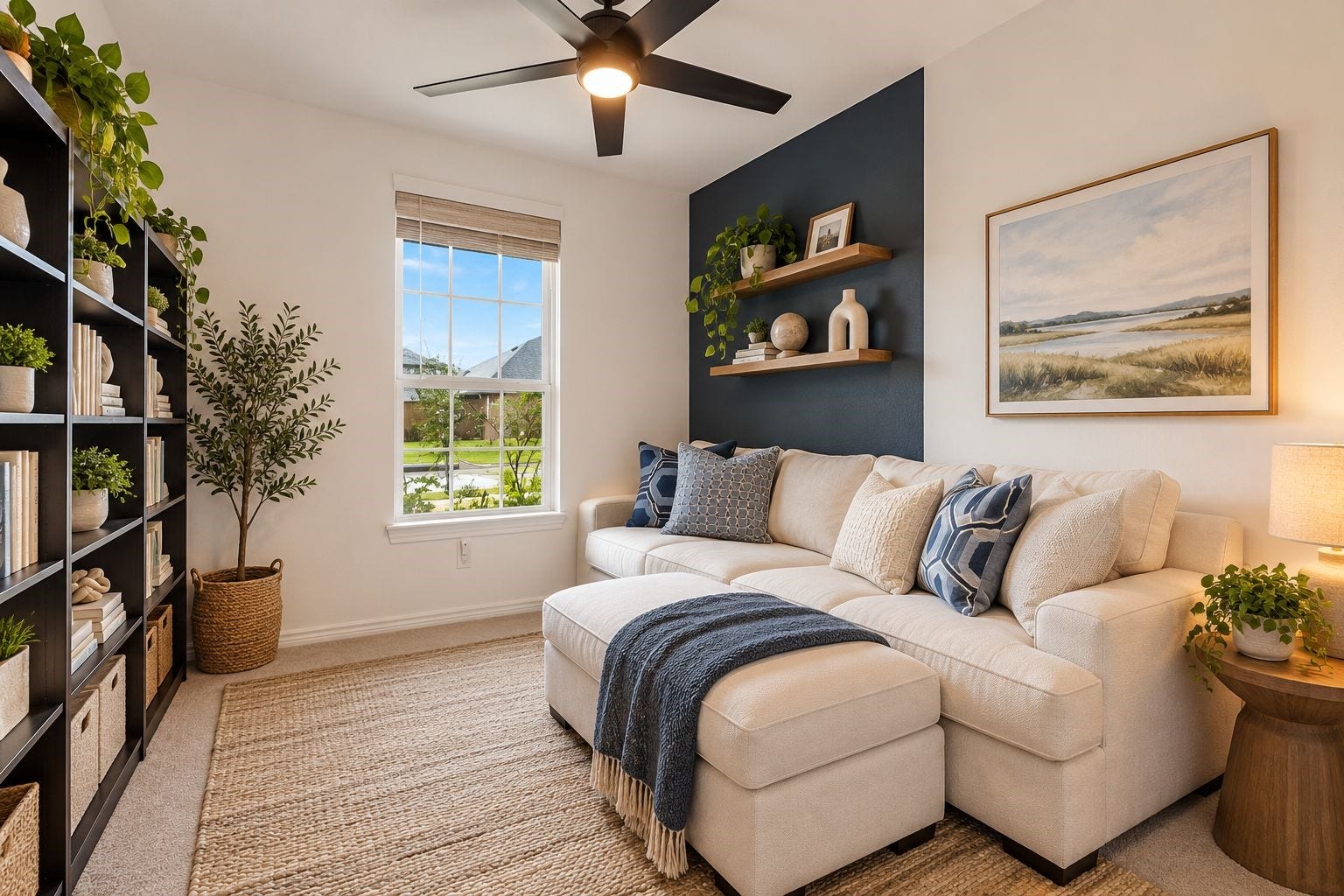 Light-filled flex space just off the entry offers the perfect setting for a private home office, study, sitting room, or additional lounge. Virtually staged and enhanced to illustrate the possibilities of the space.
