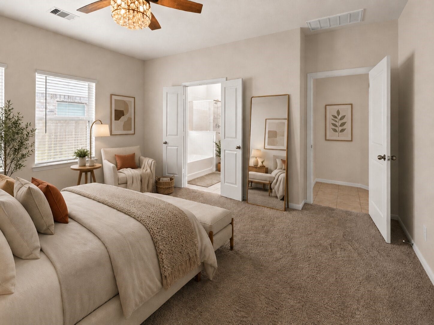 1503 Barras Street, Alvin, TX 77511 *virtually staged* Another view of the primary suite highlights the natural light and gives you a peek into the primary bathroom.