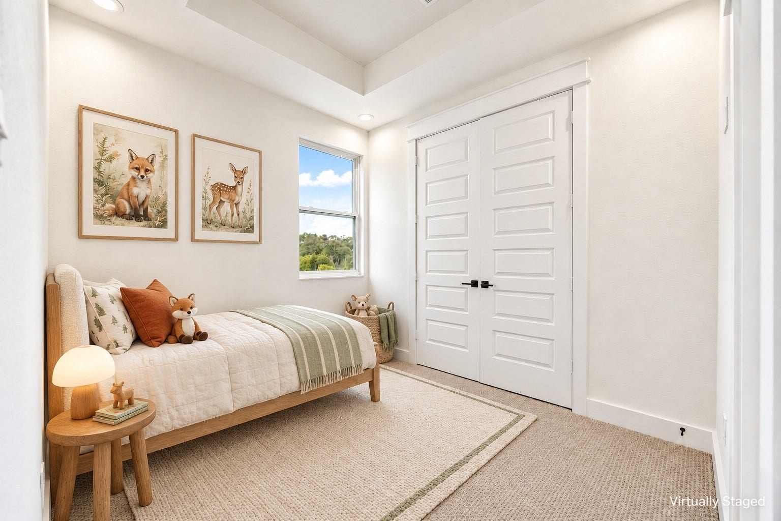 Charming third floor secondary bedroom styled as a nursery, highlighting a deep tray ceiling detail, large closet doors, neutral carpeting, complete with ensuite full bath. *Virtually staged