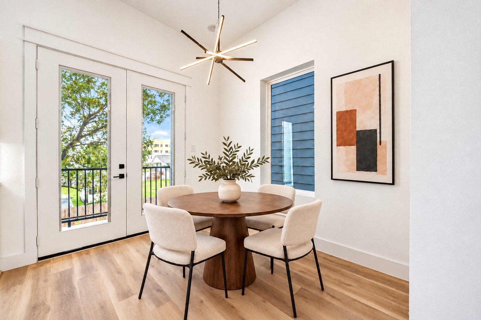 Dining nook with modern lighting, wide-plank flooring, and abundant natural light. *Virtually staged