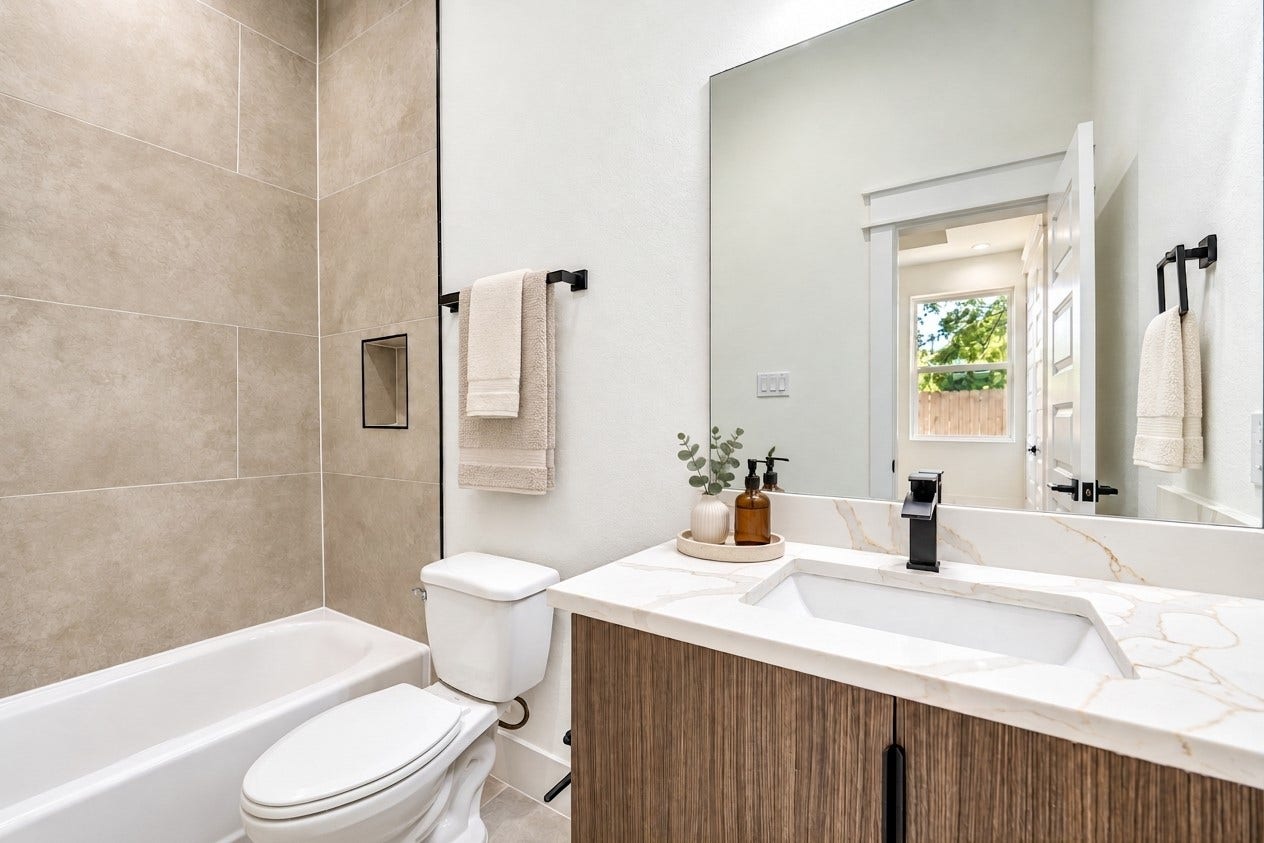 Convenient first-floor ensuite full bath showcasing a modern single vanity with quartz counters, sleek matte black hardware, and a tub/shower combo with large-format neutral tile.