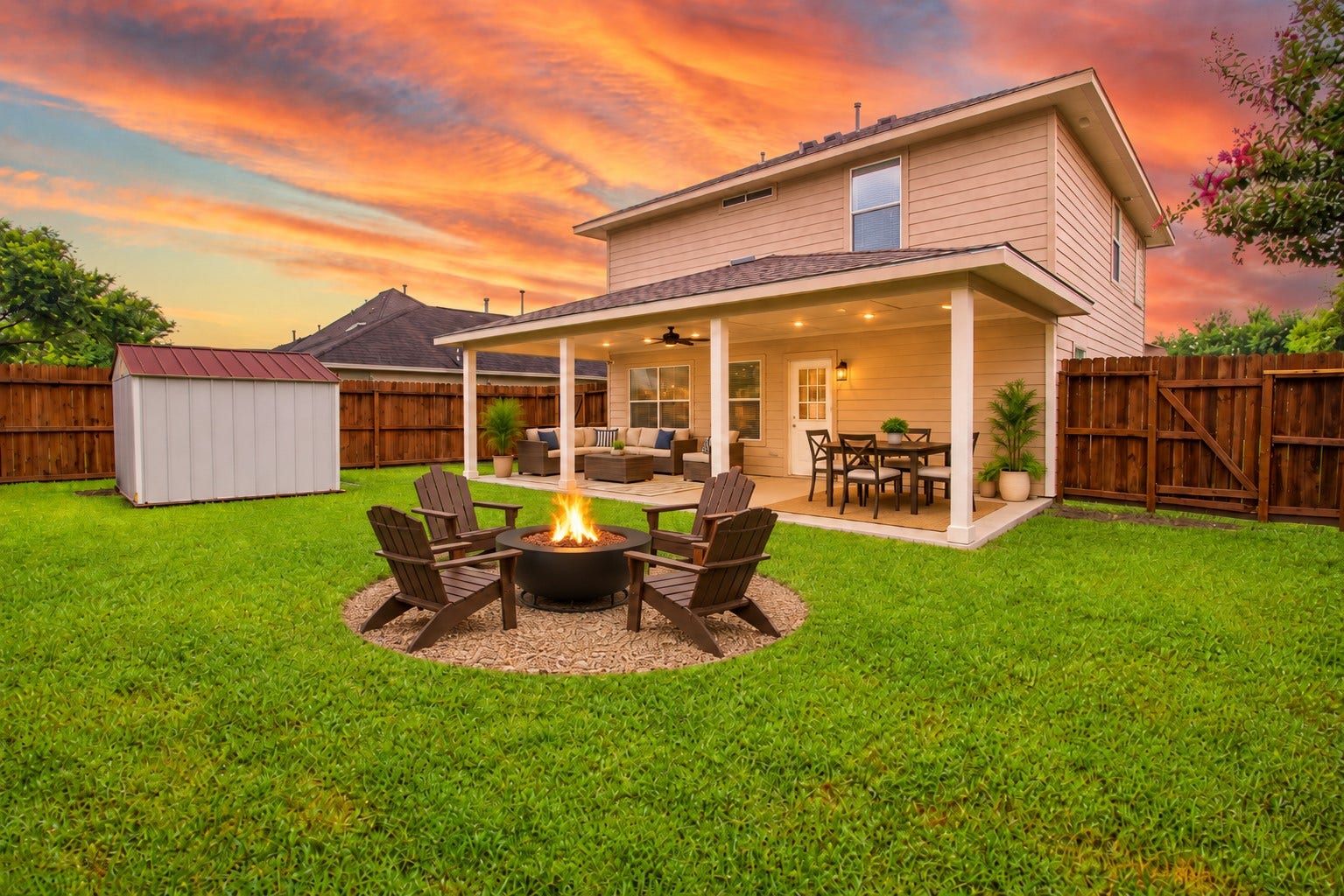 Enjoy outdoor living in this spacious, fully fenced backyard featuring a large 12 x30 covered patio, perfect for entertaining, relaxing, or dining outdoors year round. The expansive lawn offers plenty of room for children, pets, gardening, or future outdoor amenities. A 8x 10 storage shed provides convenient space for lawn equipment and seasonal items.