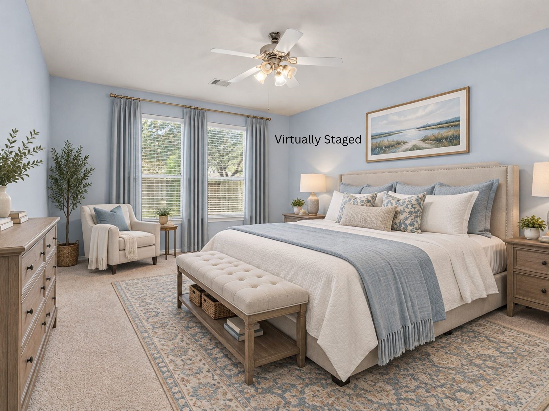 24519 Evangeline Springs Lane, Katy, TX 77494 Virtually staged primary bedroom showcasing the room's generous proportions, soft carpeting, ceiling fan, and multiple windows. The space offers a comfortable retreat with room for a full bedroom arrangement and a relaxing atmosphere.