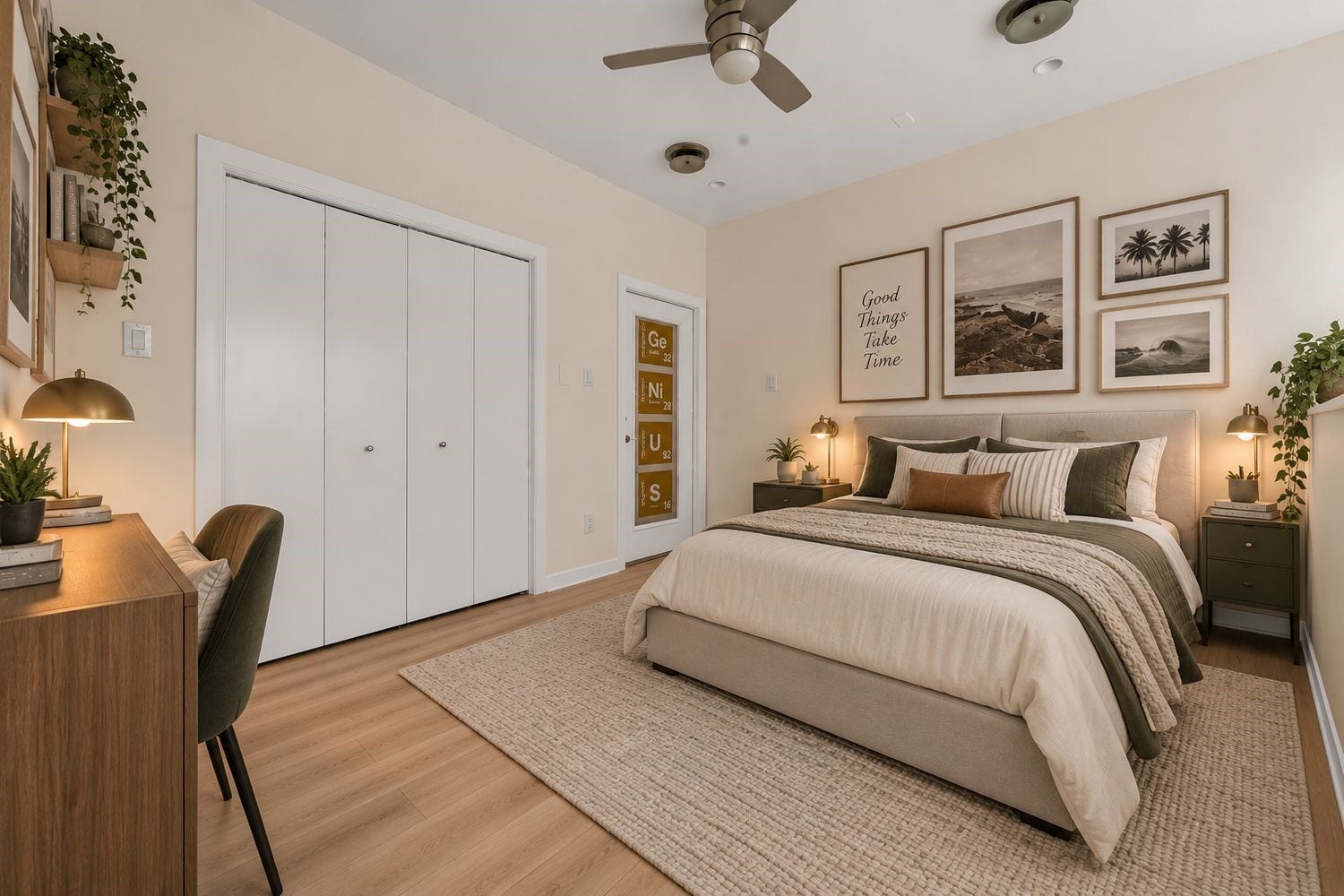Secondary bedroom virtually staged, features its own private balcony and en-suite bathroom.