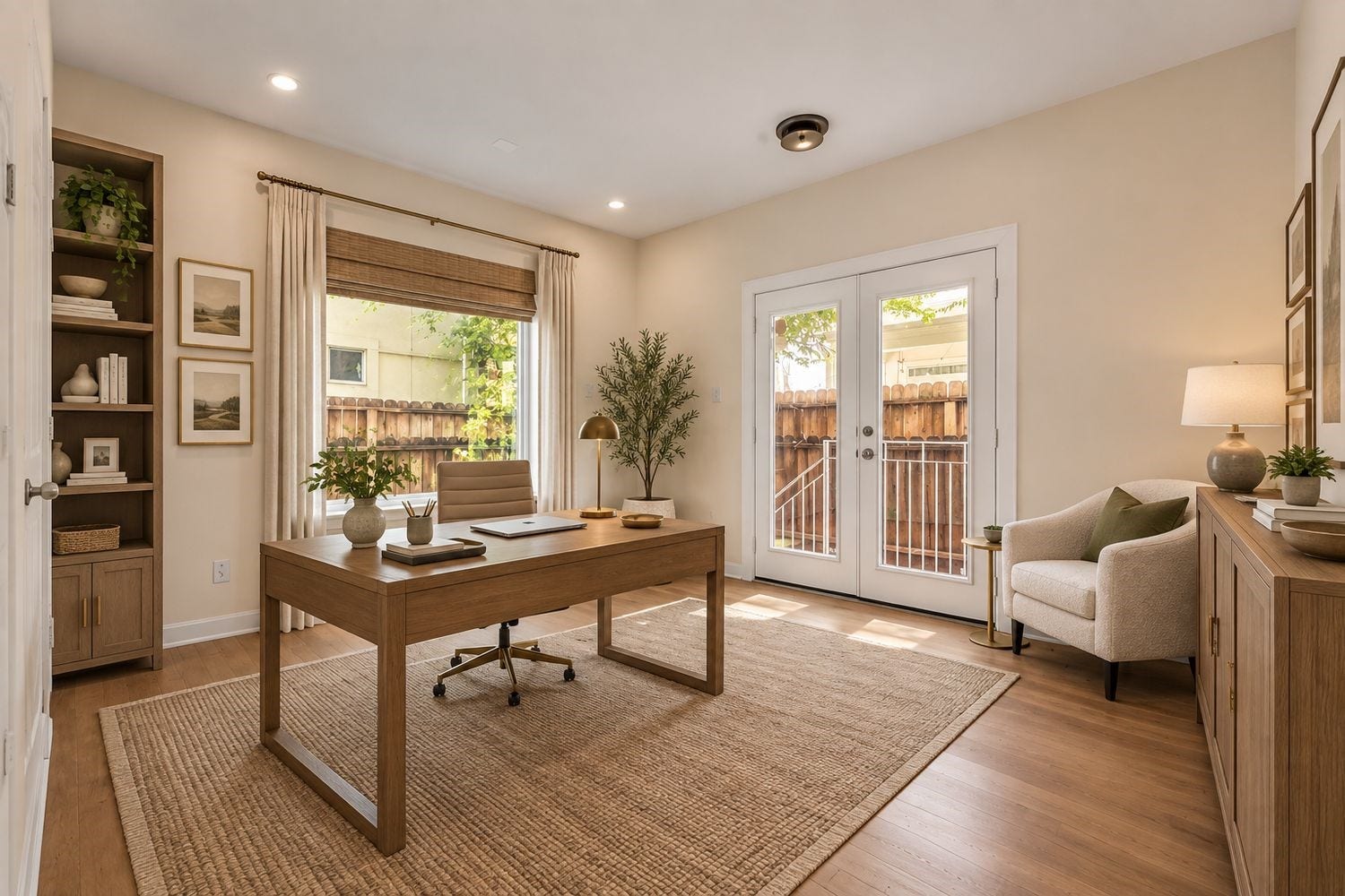Virtually staged as a home office.  First floor bedroom, with backyard access, and full en-suite bathroom.