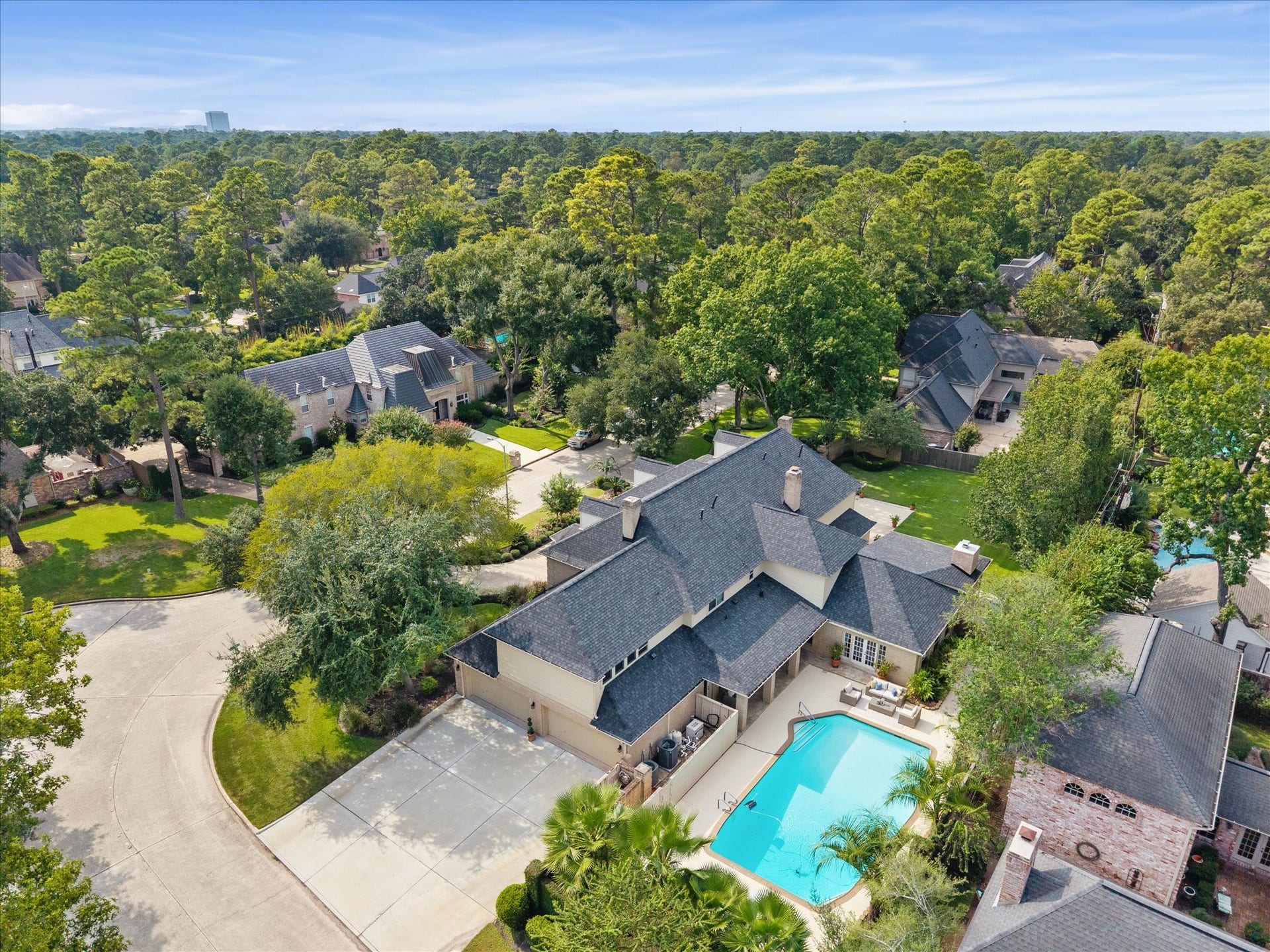 15902 Cumbria Drive, Spring, TX 77379 From above, you see the corner lot, the pool, and the trees around it.