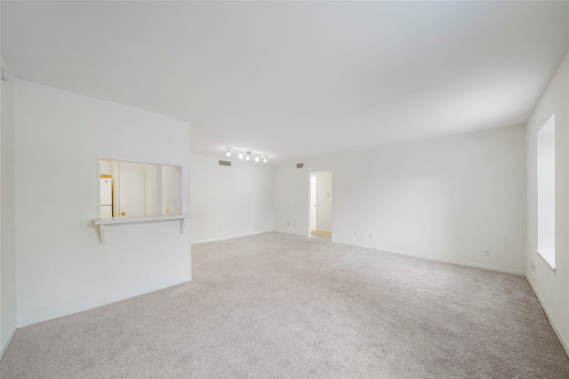 Spacious, light-filled living area featuring plush carpet, crisp white walls, track lighting, and a pass-through bar leading to the kitchen.