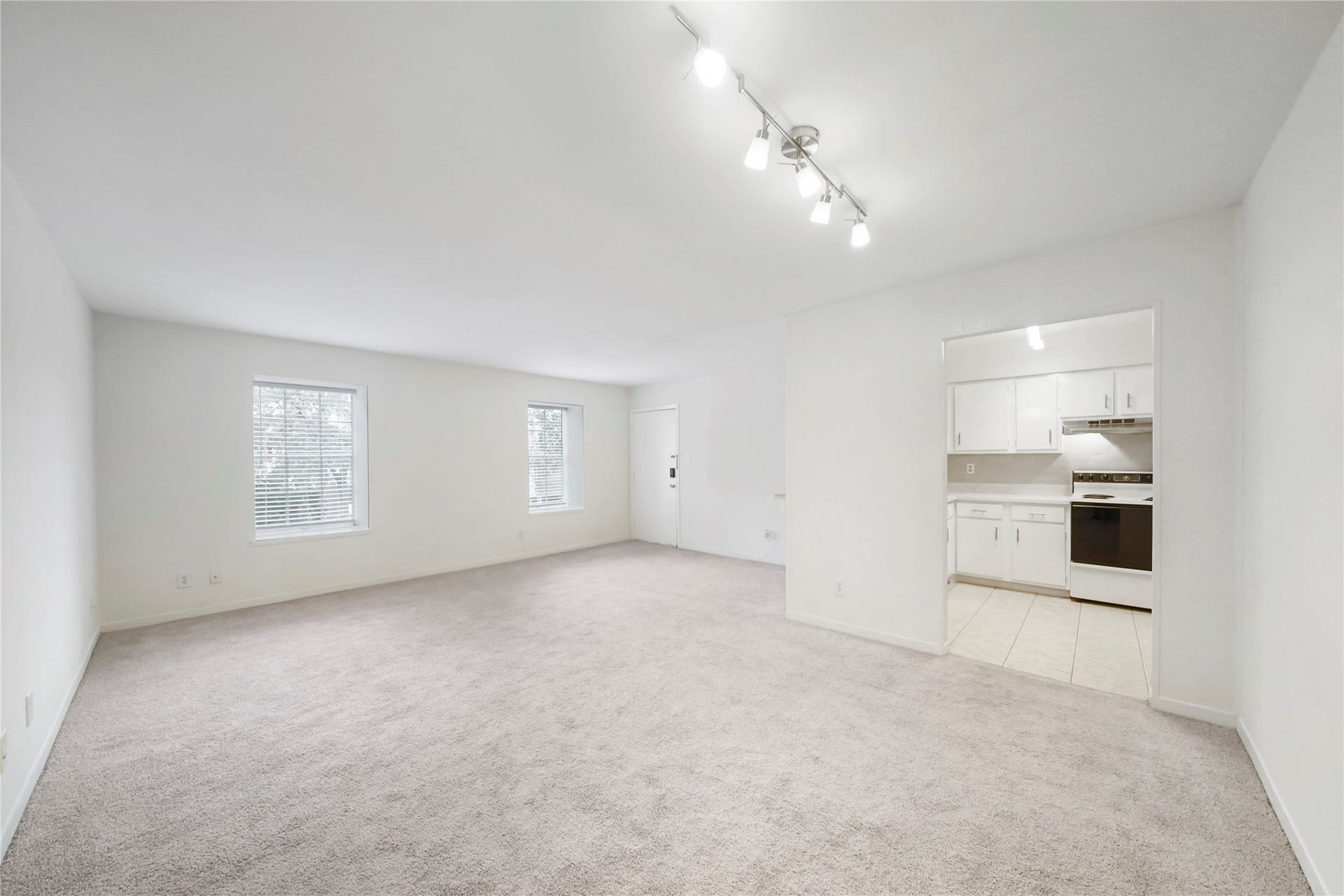 Expansive main living room offering large windows with blinds, plush carpet, track lighting, and direct access to the functional kitchen.