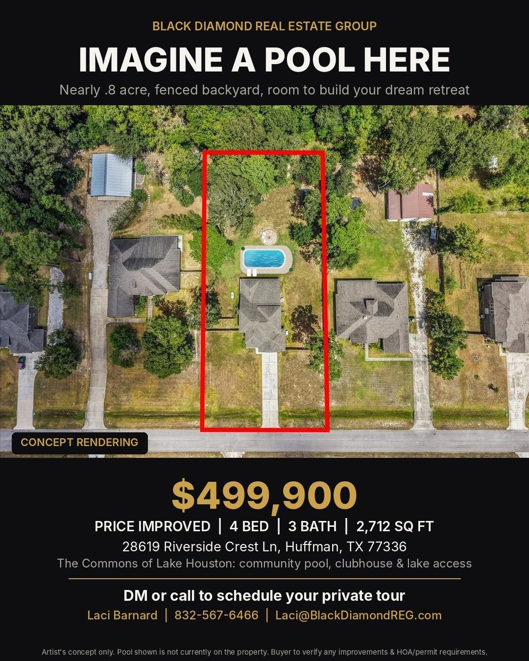 28619 Riverside Crest Lane, Huffman, TX 77336 Imagine the possibilities! Conceptual pool rendering provided to showcase the potential for a beautifully designed backyard retreat. Final design, features, and placement are subject to change and any required approvals.