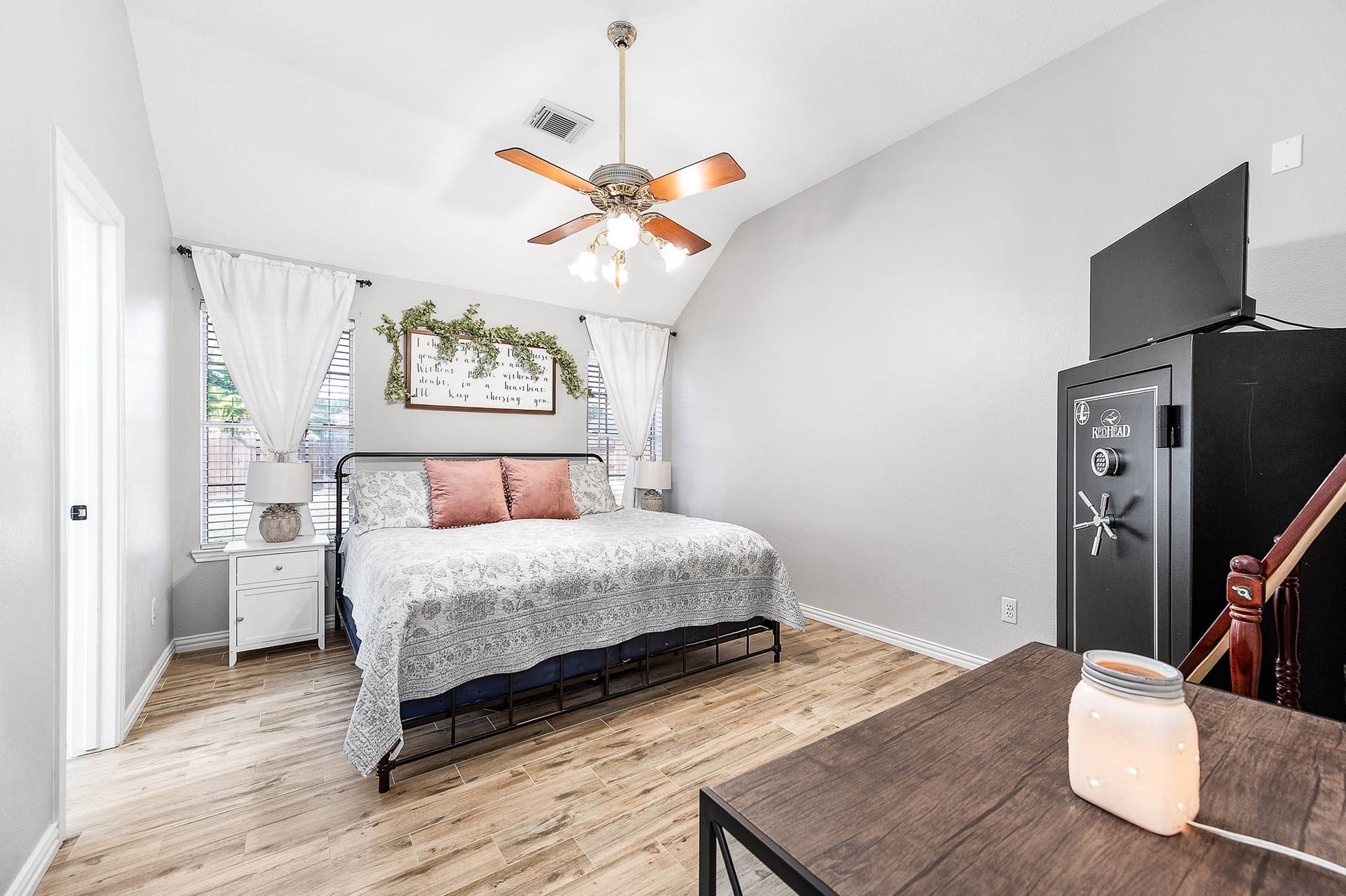 Primary suite with high ceilings