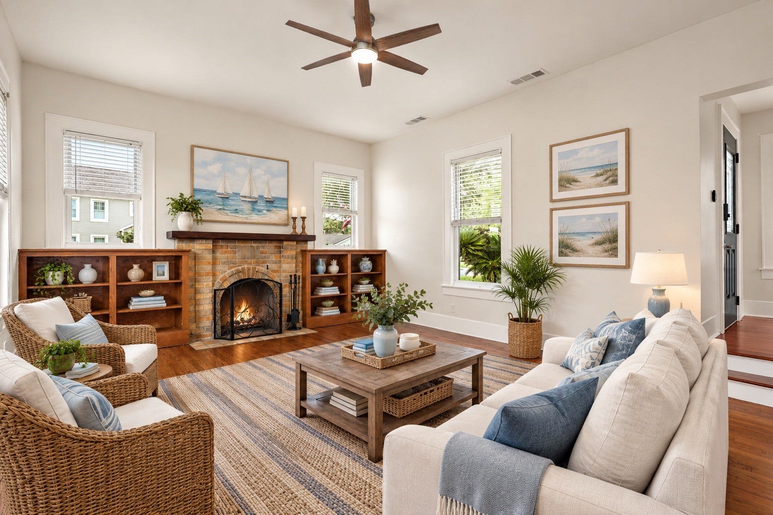 4323 Sherman Boulevard, Galveston, TX 77550 Virtually staged living room with its cozy fireplace, built-in shelves, and inviting seating area, perfect for relaxation and entertaining.