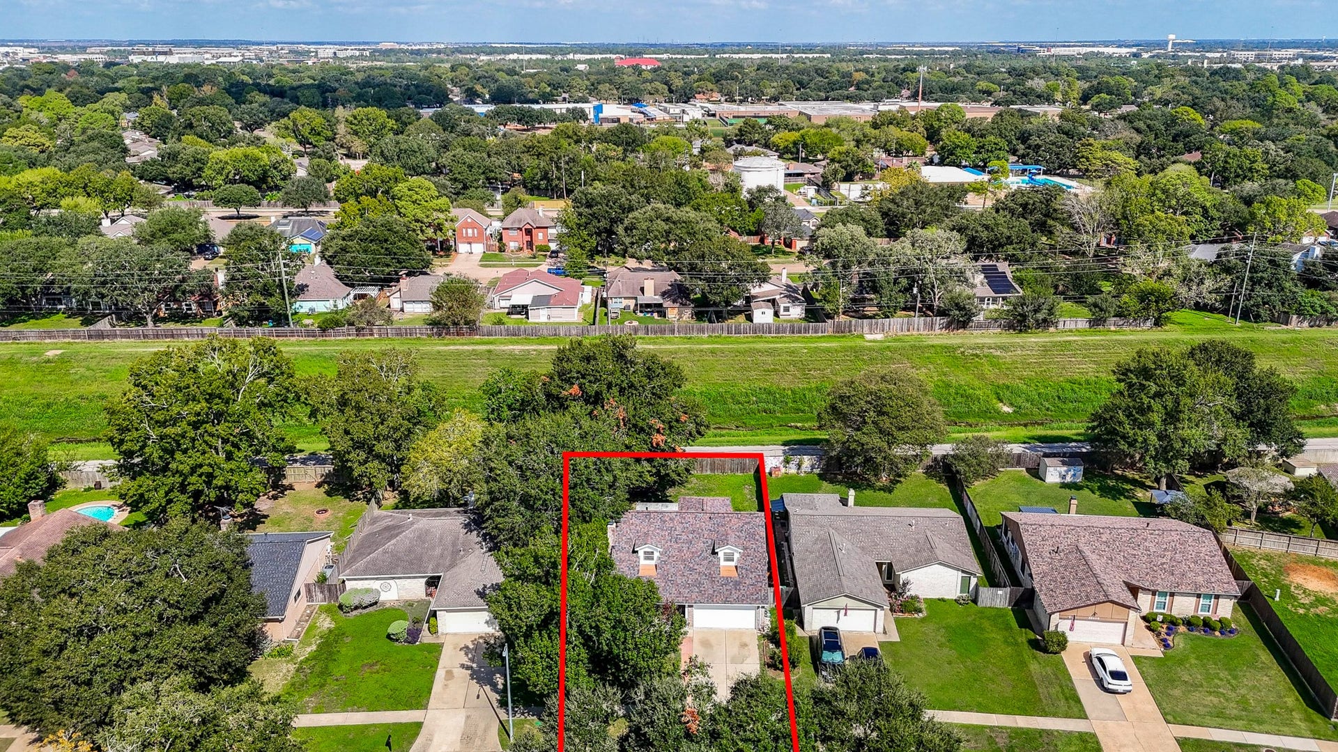 22514 Red River Drive, Katy, TX 77450 Another aerial view, looking from front of home to rear showing walking path behind property