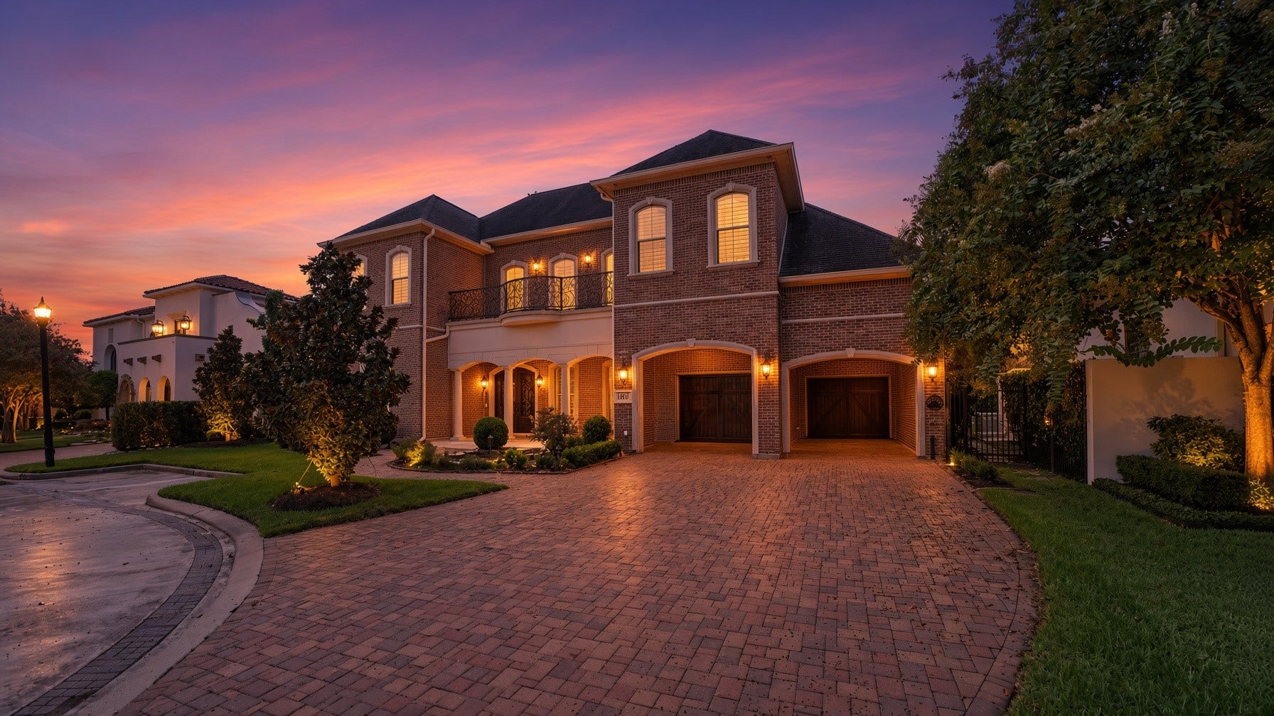 15611 Oyster Cove Drive, Sugar Land, TX 77478 Stunning two-story brick home with elegant arched windows, a spacious three-car garage, and a beautifully lit driveway set against a picturesque sunset.