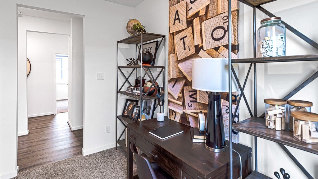 7338 Grand Mason Drive, Cypress, TX 77433 Home office has designer white walls and premium warm gray carpeting.