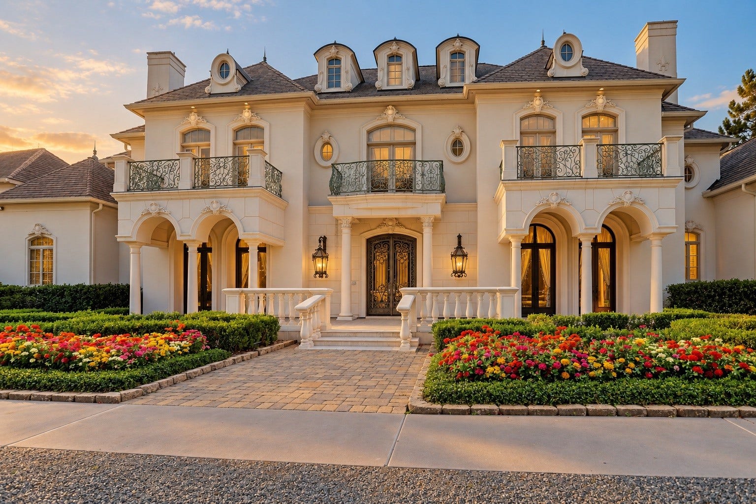 36 Saddlebrook Court, Tomball, TX 77375 Grand French-inspired exterior with ornate architectural details, wrought-iron balconies, arched entryways, manicured landscaping, situated on 6+ private acres.
