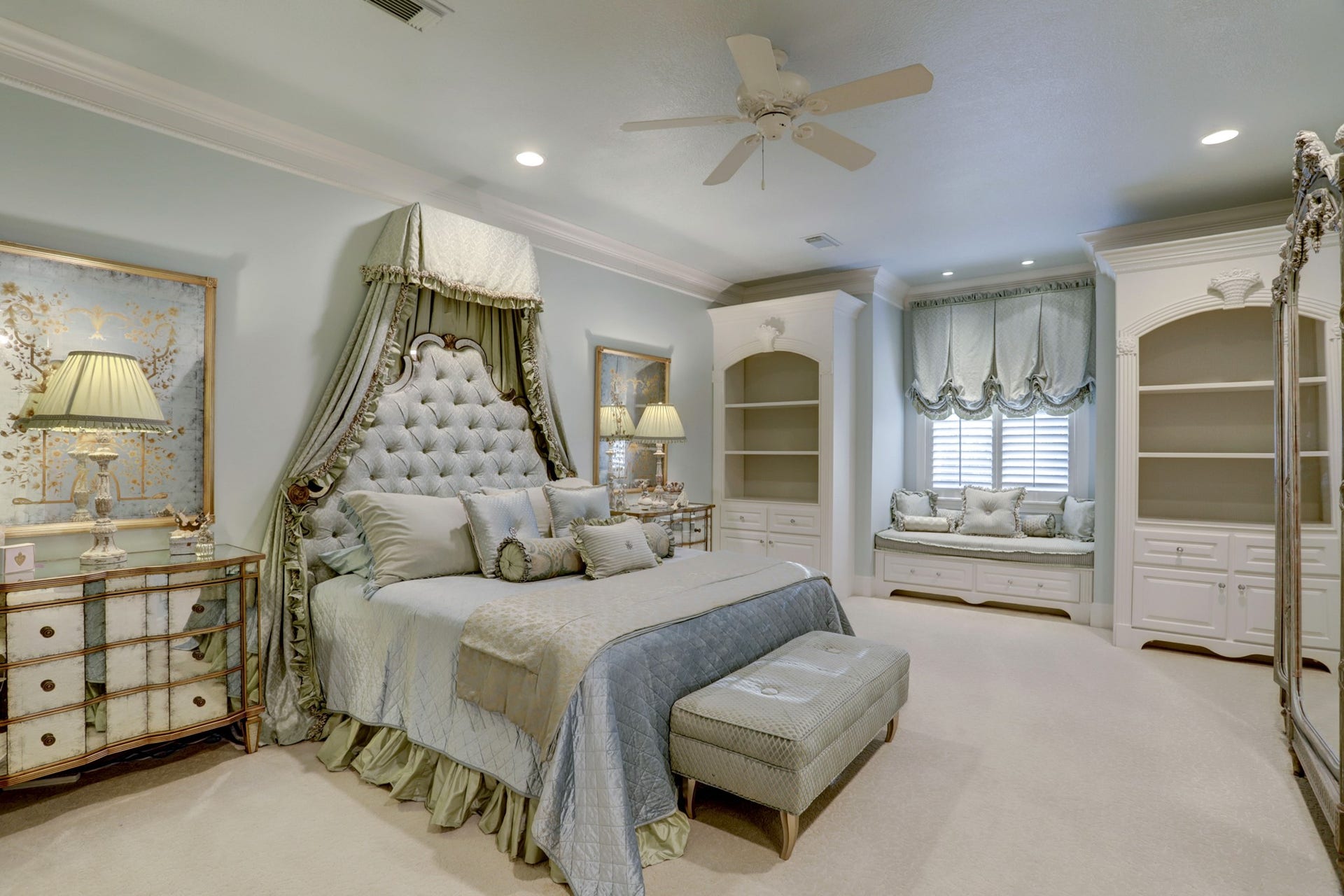 36 Saddlebrook Court, Tomball, TX 77375 Another upstairs bedroom offers a generous retreat, showcasing custom detailed built-ins and window seating, along with an en-suite bath for enhanced convenience and a walk-in closet for ample storage.