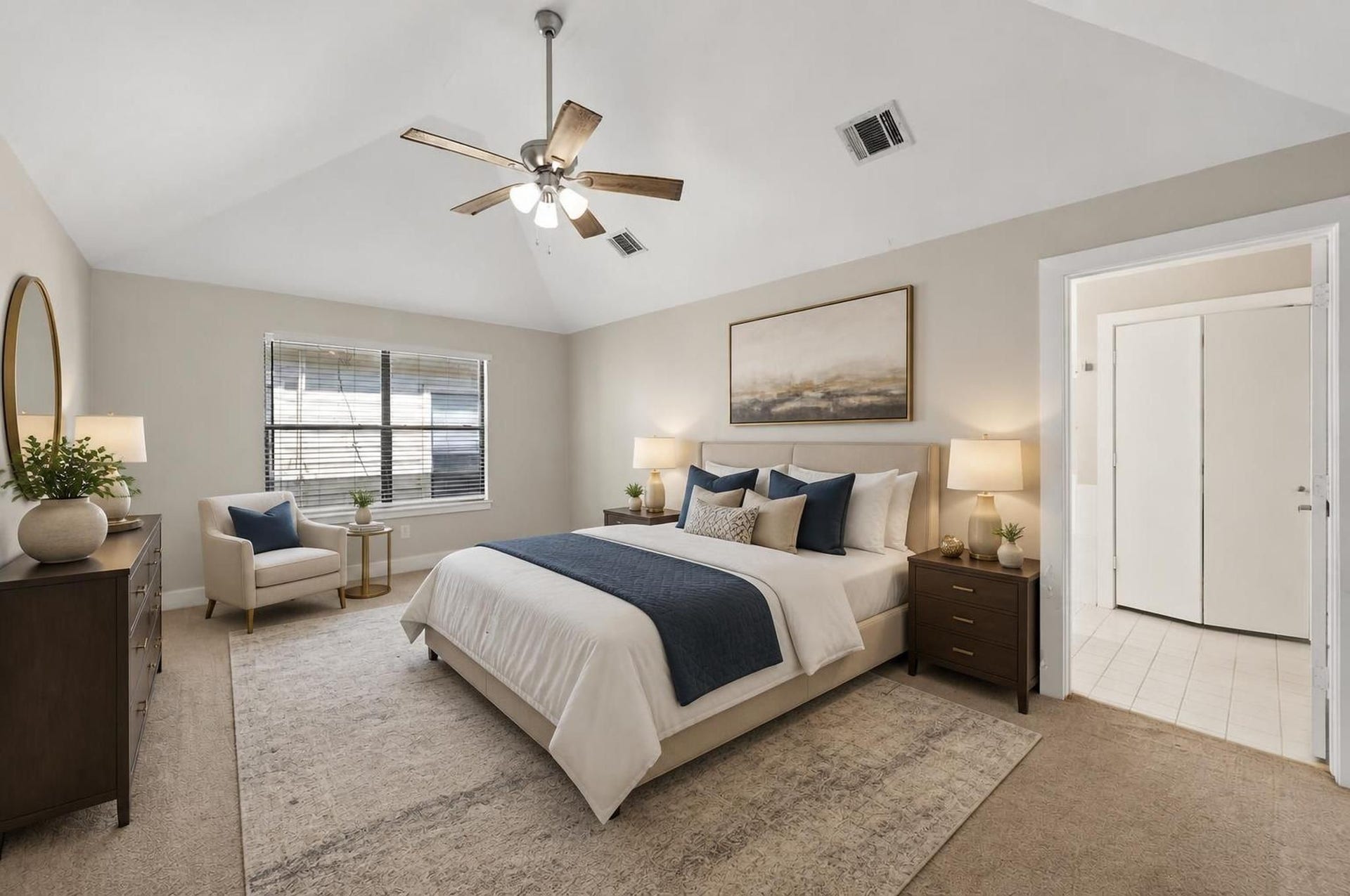 2154 Arabelle Street, Houston, TX 77007 The primary suite feels spacious, private, and tucked away from the energy of the main level. It gives the top floor a peaceful, retreat-like quality. Virtually staged.