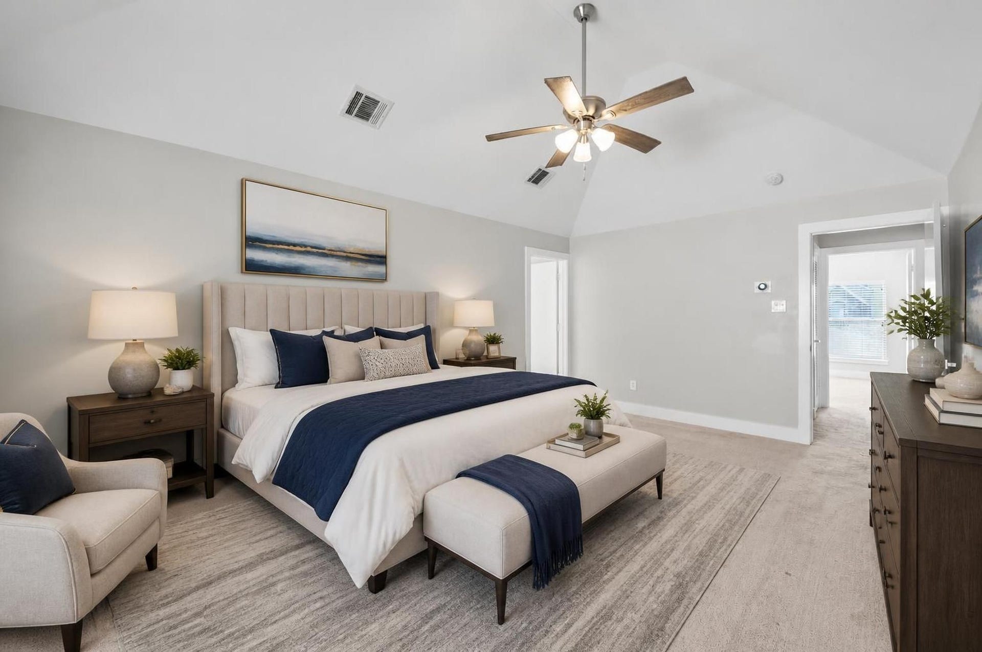 2154 Arabelle Street, Houston, TX 77007 The primary bedroom sits privately on the third floor, creating a quiet retreat above the main living spaces. Its generous size, soft natural light, and calm feel make it a comfortable place to unwind. Virtually staged.
