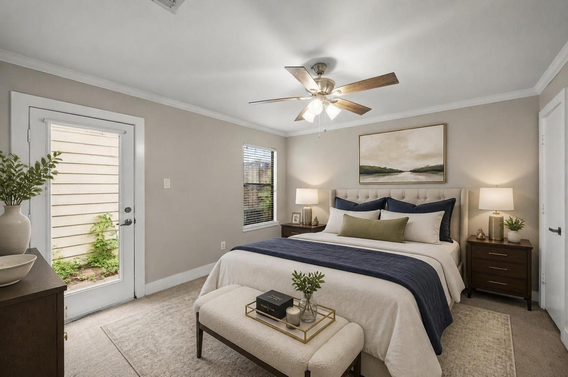 2154 Arabelle Street, Houston, TX 77007 The first-floor bedroom offers a quiet, flexible space away from the main living level. It works beautifully as a guest suite, private office, or peaceful retreat with a full bathroom nearby. Virtually staged.