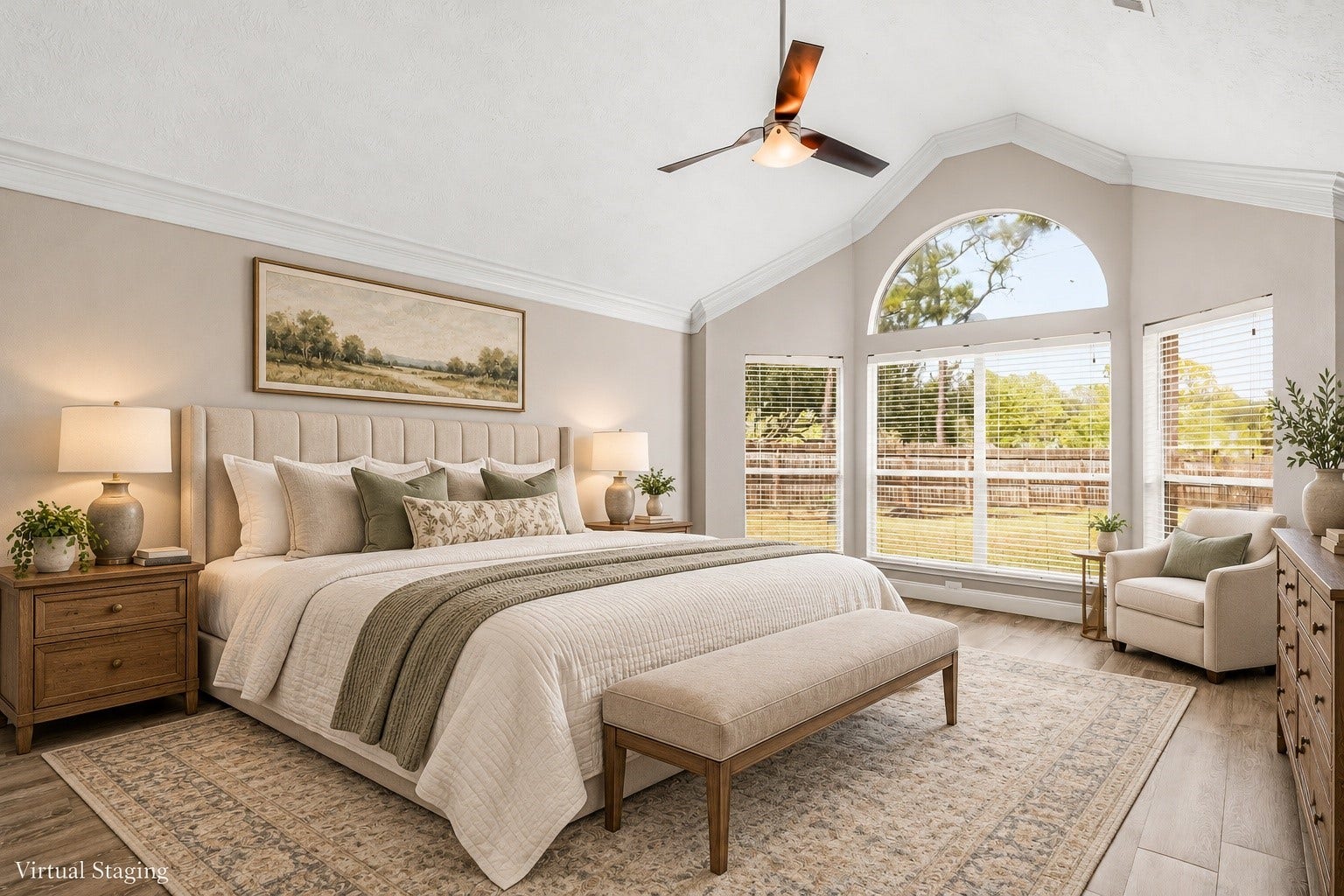 Virtually staged spacious primary retreat, showcasing an inviting layout and beautiful natural light.