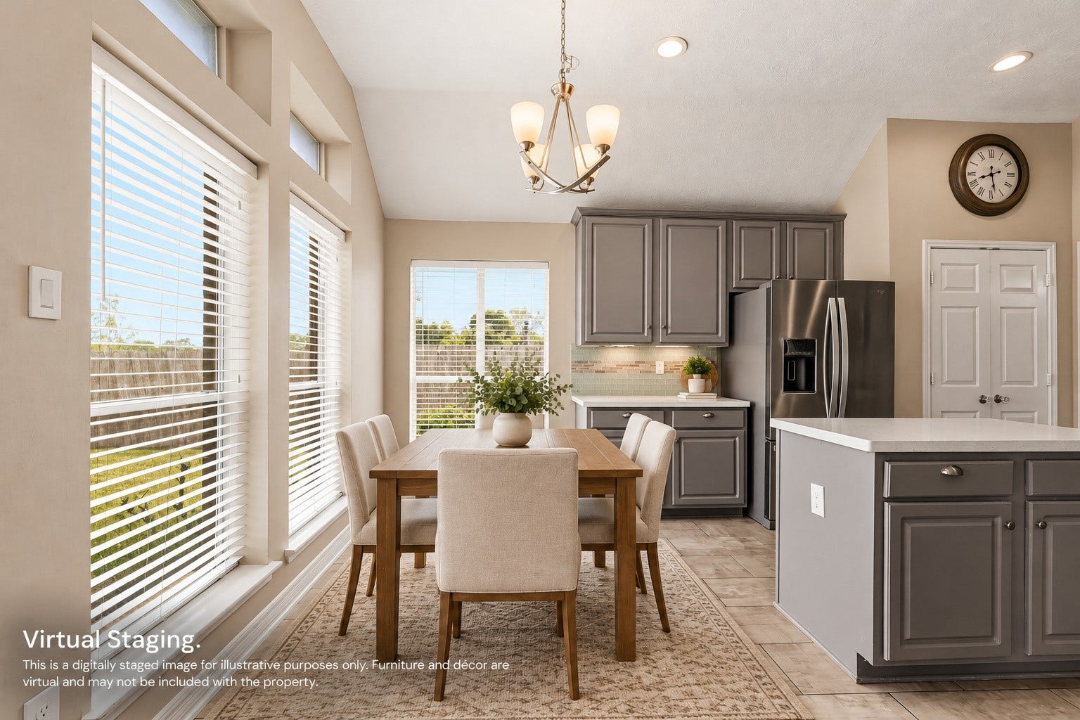 Virtually staged breakfast area surrounded by windows, offering a bright and cheerful place to start your day.