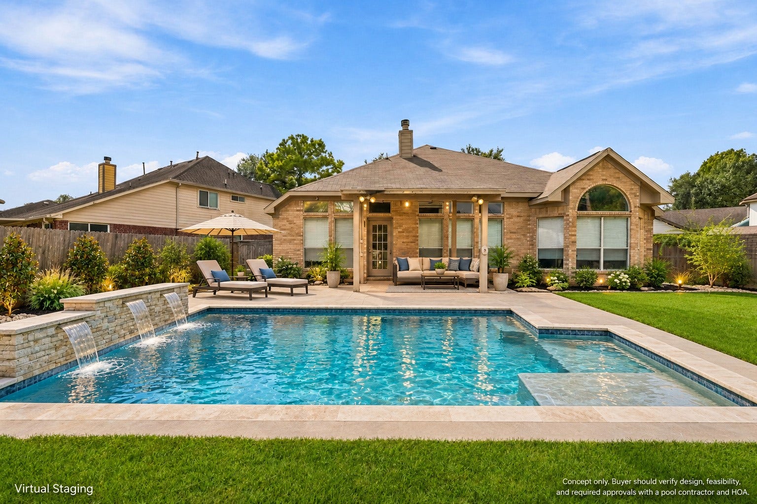 Virtually staged pool concept illustrating the backyard's possibilities. Pool feasibility, design, and approvals must be verified with a pool contractor and HOA.