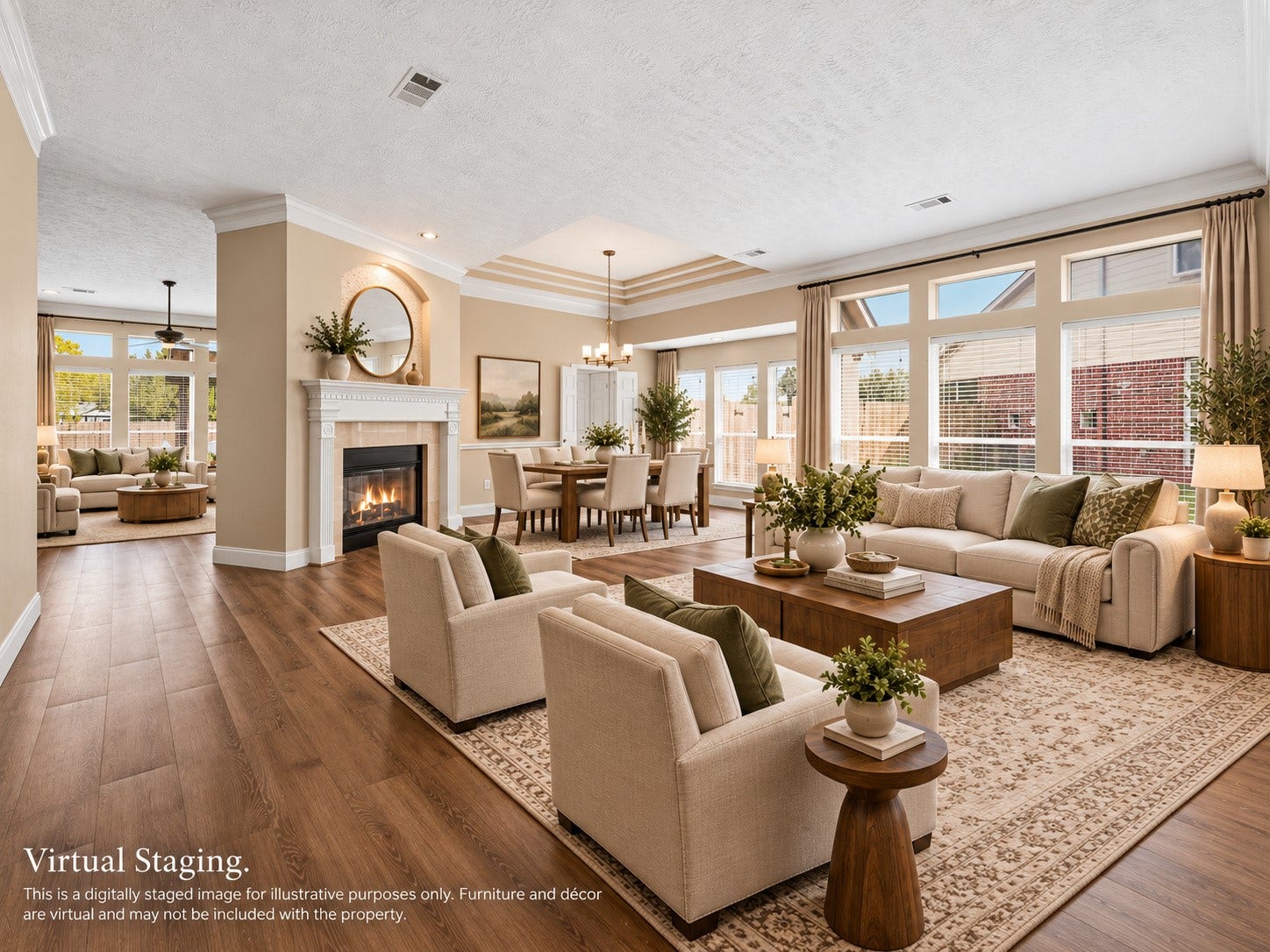 Virtually staged to showcase the possibilities of this spacious, light-filled living and dining area.