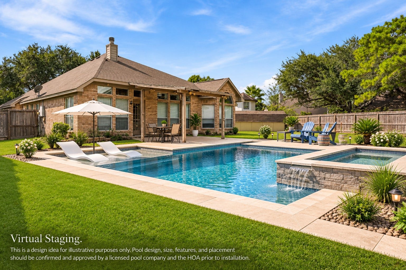 Virtually staged pool concept illustrating the backyard's possibilities. Pool feasibility, design, and approvals must be verified with a pool contractor and HOA.