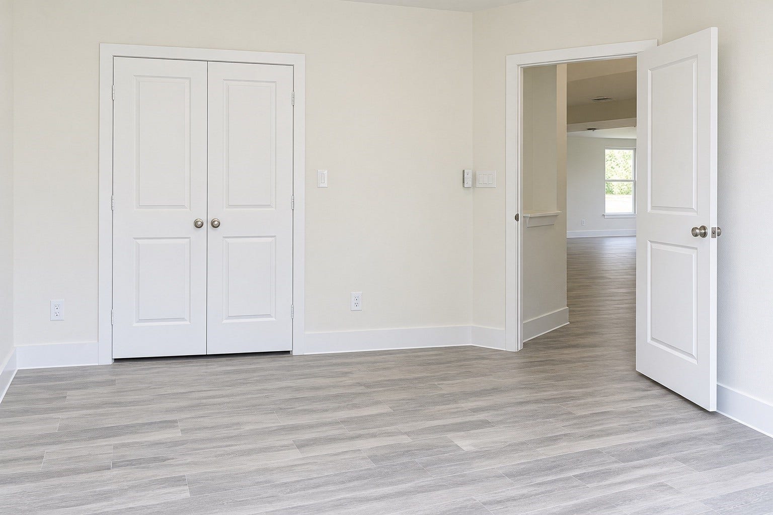 2306 Ridgewood Drive Drive, West Columbia, TX 77486 Bright room with elegant wood-look tile flooring, featuring a double door closet and a view into an adjoining space.