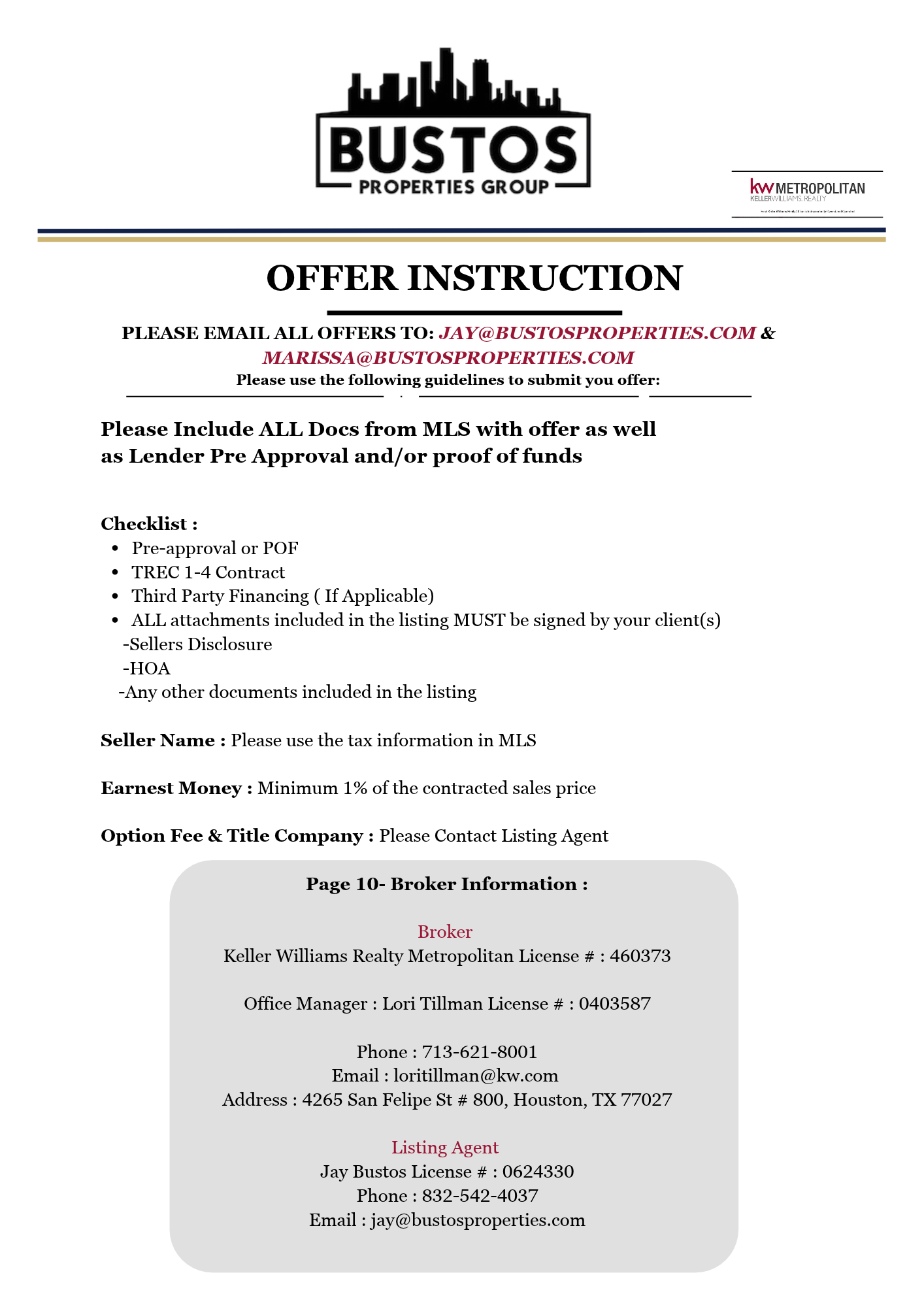 13402 Pecan Oak Drive, Houston, TX 77065 OFFER INSTRUCTIONS