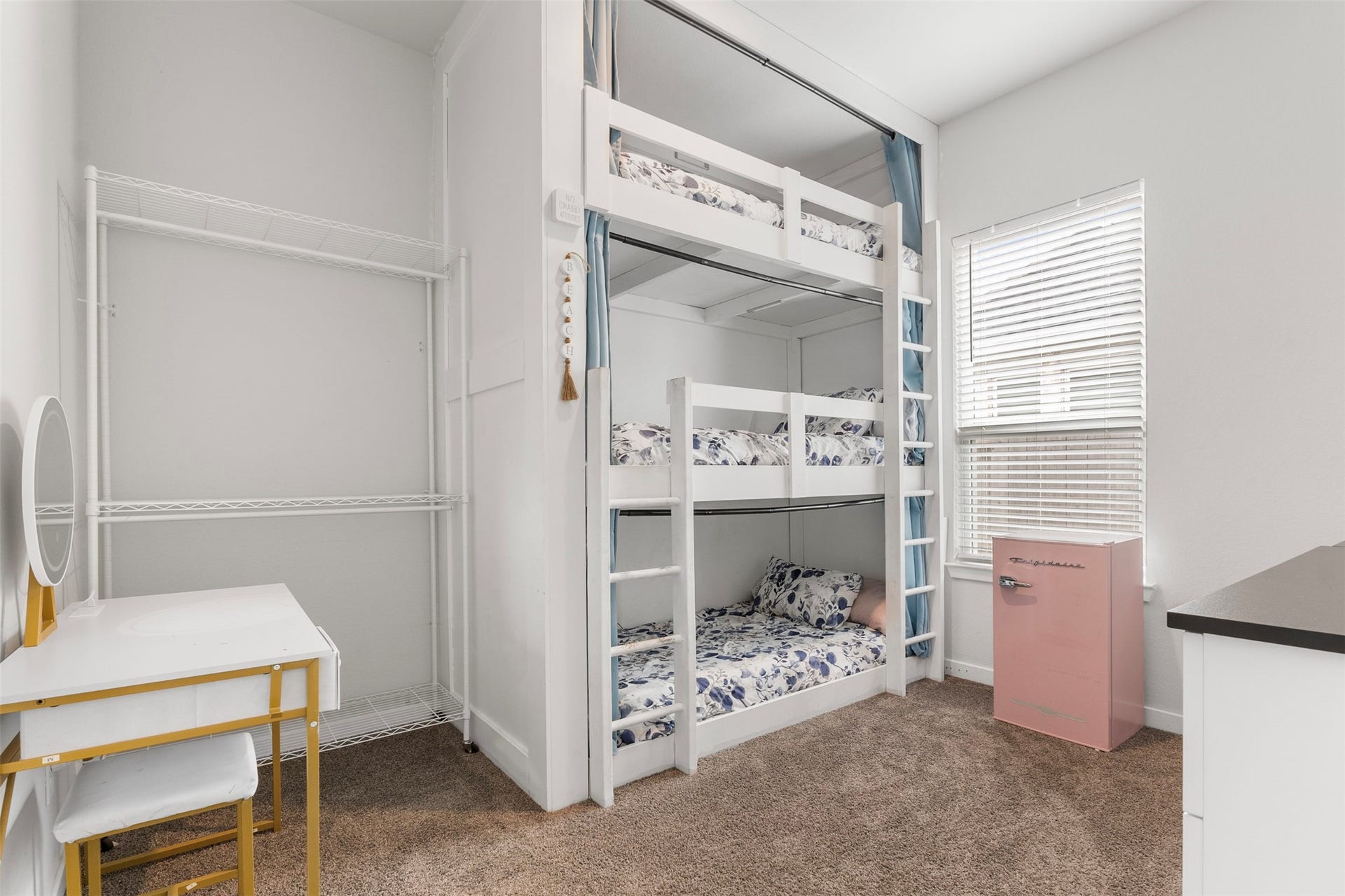 22107 Palo Dura Lane, Tomball, TX 77375 Secondary bedroom with one-of-a-kind built-in triple bunk beds with privacy curtains on every level.
