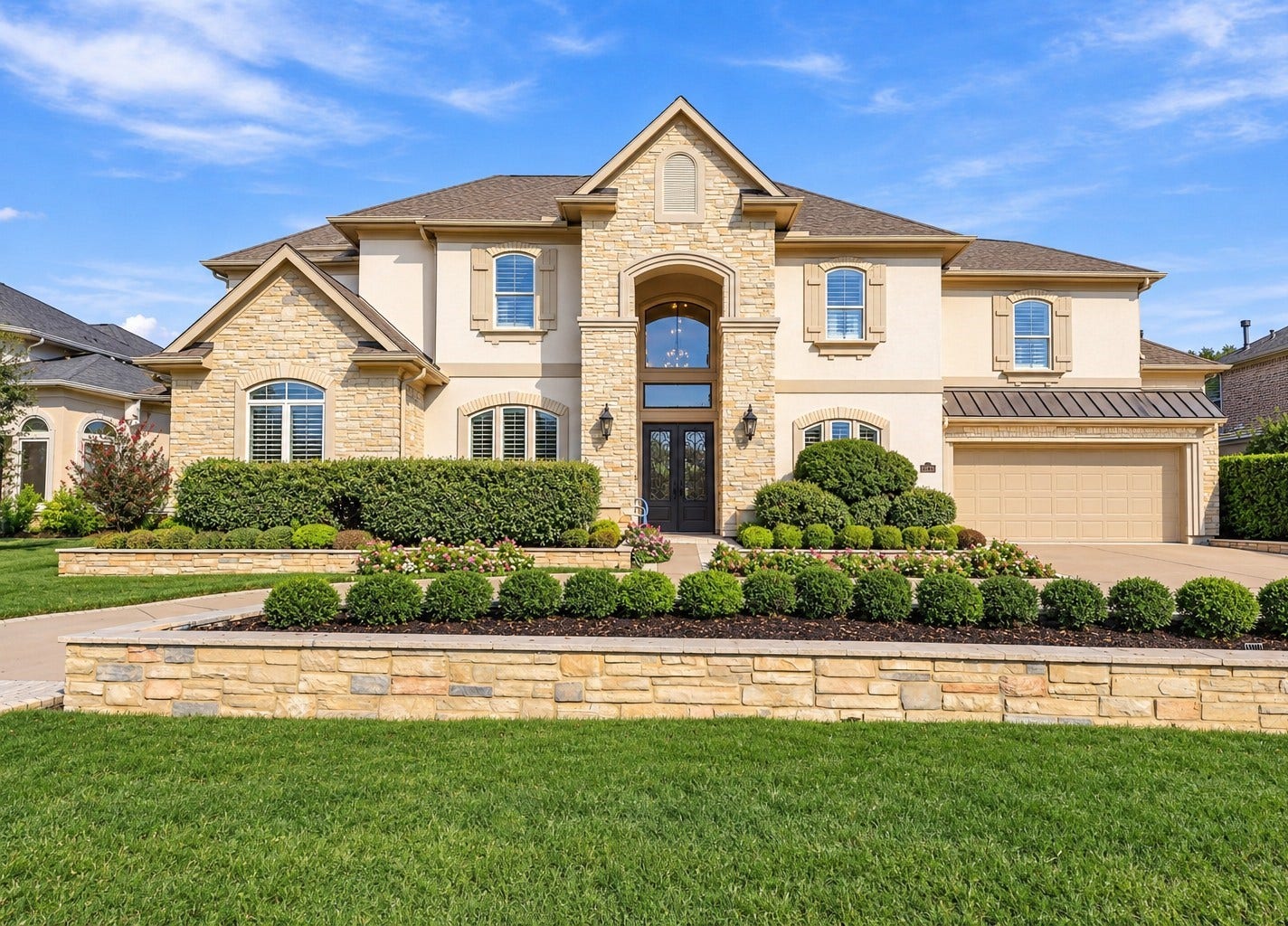 10311 Joshua Creek Court, Cypress, TX 77433 Beautiful two-story home featuring stone accents, elegant architecture, and professionally landscaped front yard.