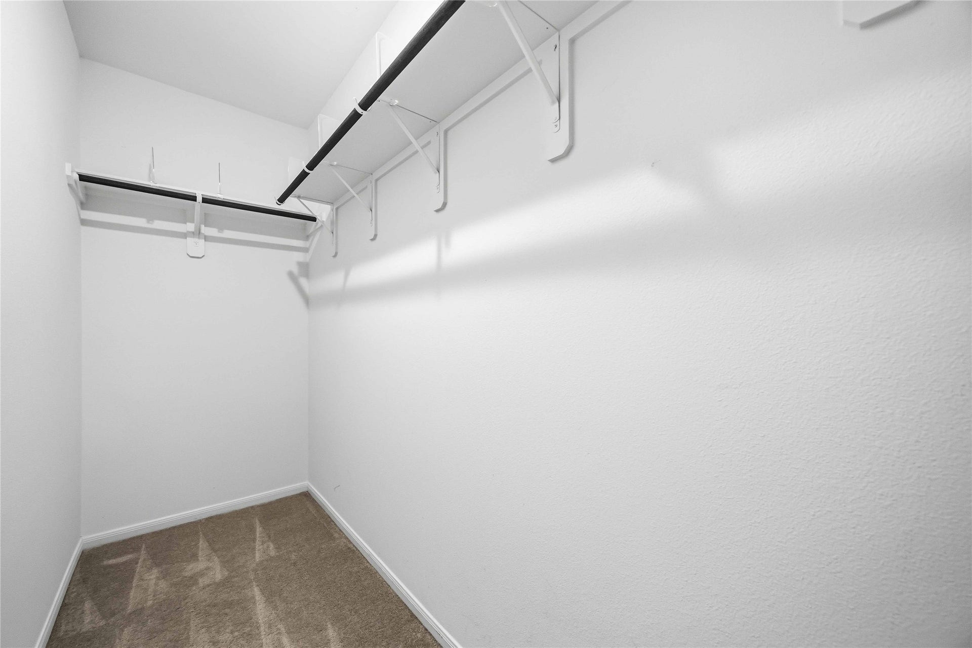 Walk-in closet with shelving and hanging space.