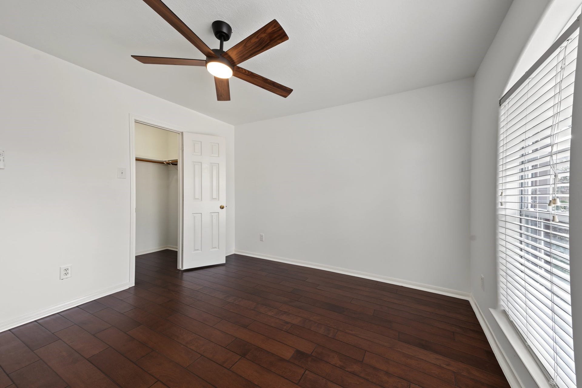 Secondary bedroom featuring sleek hardwood floors, a modern ceiling fan, and natural light from large windows, complete with a convenient walk-in closet.